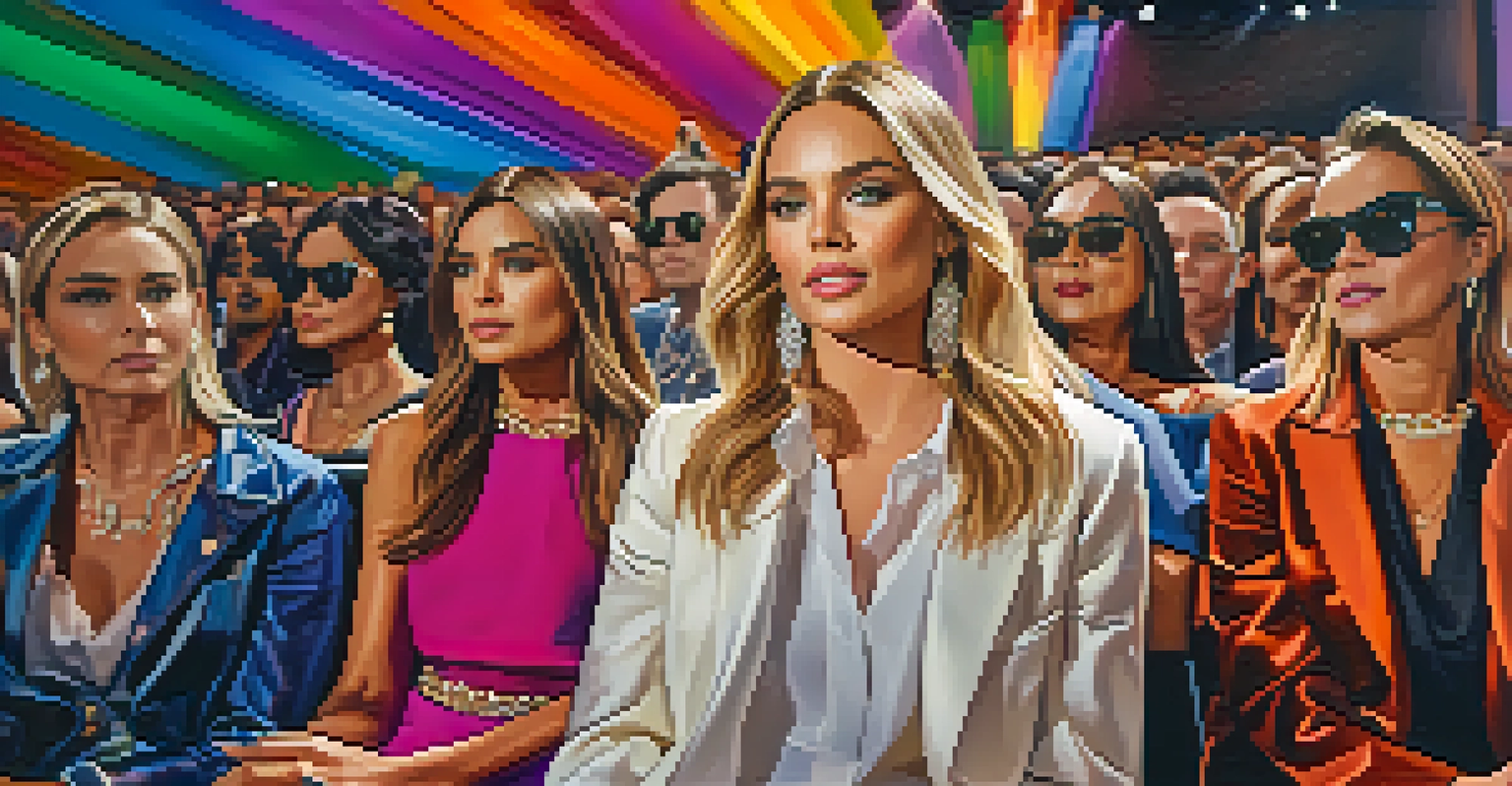 A celebrity at a fashion show, surrounded by an engaged audience, with the runway in the background.