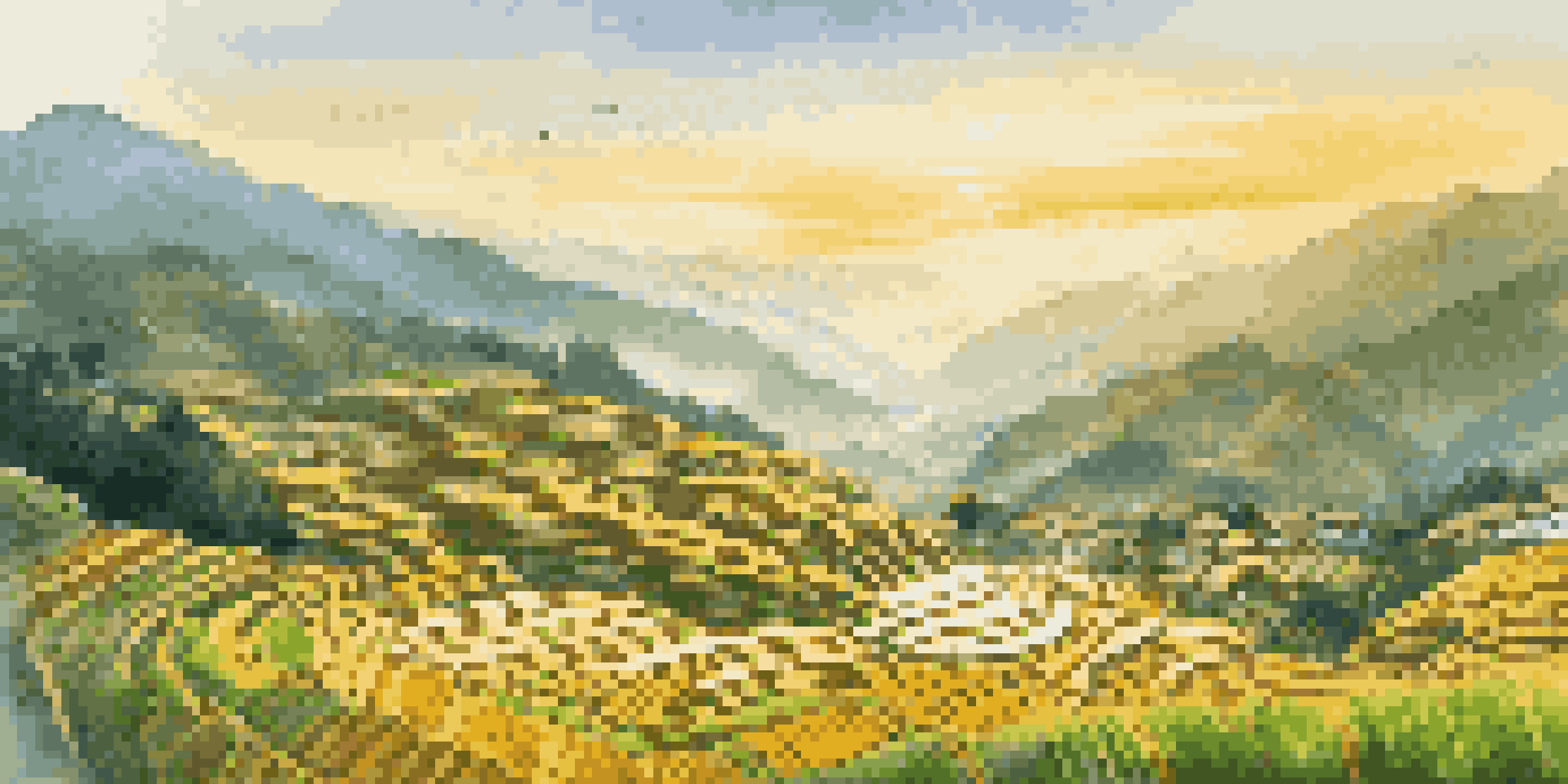 A picturesque landscape of terraced rice fields in Sapa, Vietnam, illuminated by sunrise, with farmers at work.