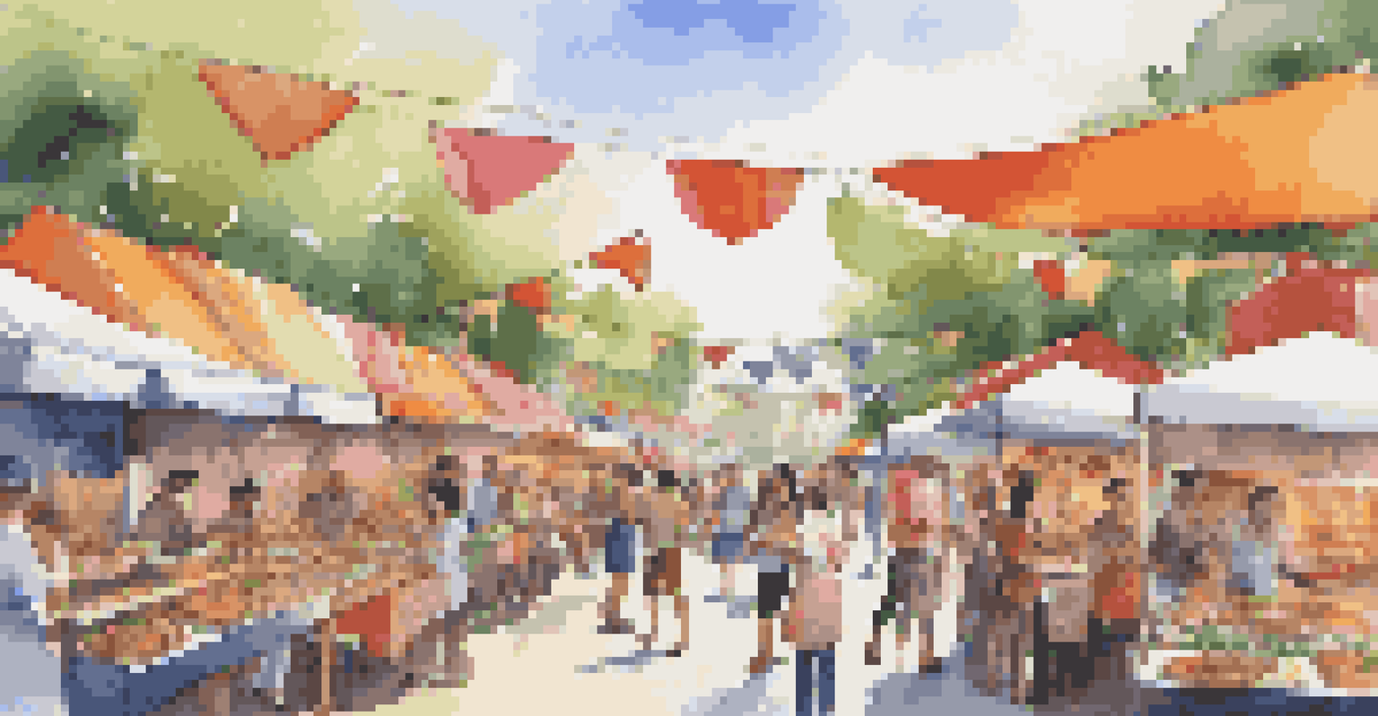 A lively food festival with various gourmet food trucks and families enjoying diverse cuisines in a festive atmosphere.