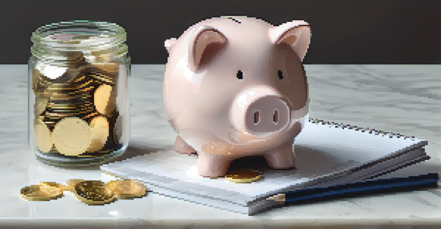 A close-up of a ceramic piggy bank on a marble countertop surrounded by gold coins and a notepad.