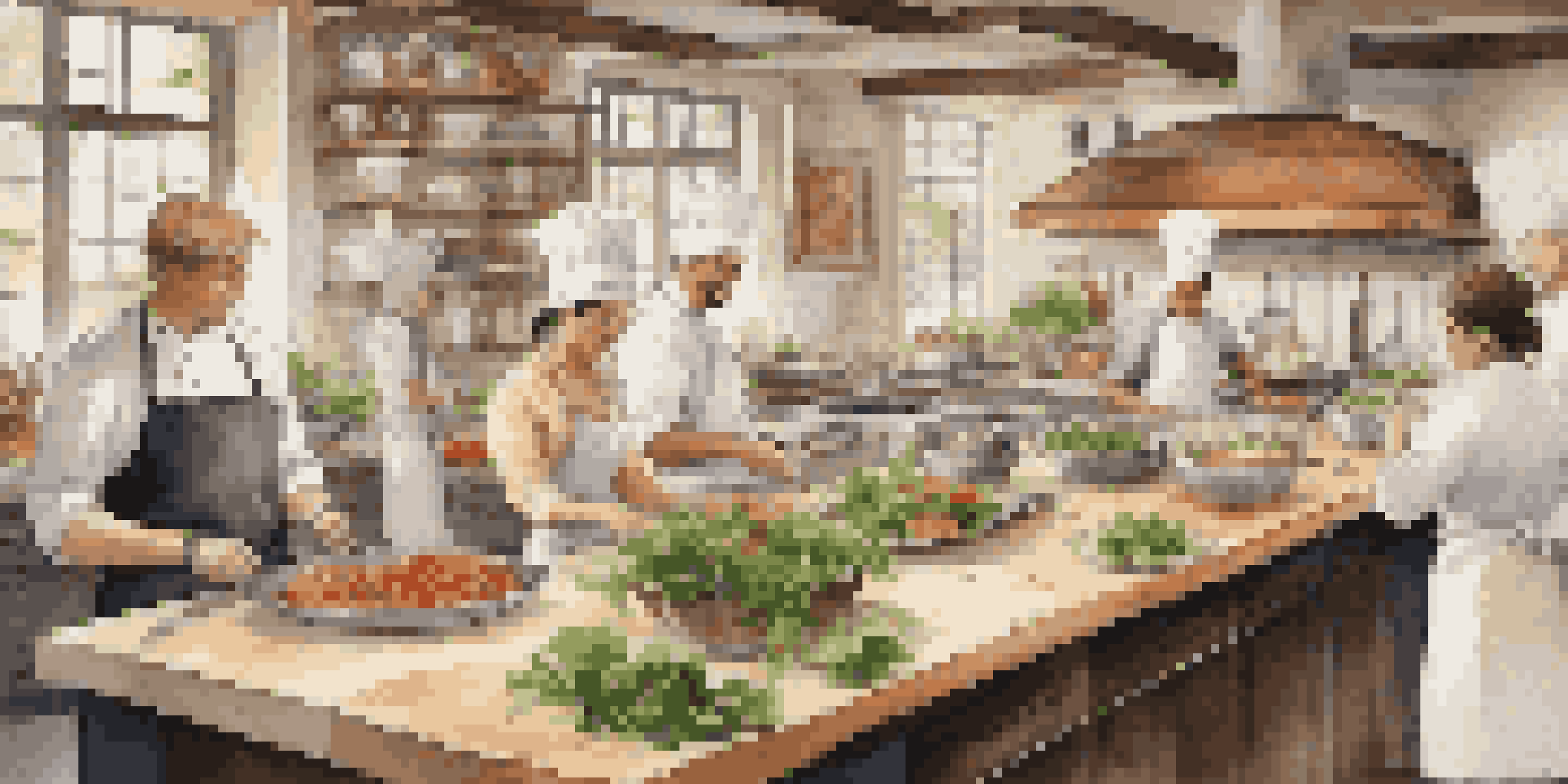 A luxurious cooking class in a modern kitchen with a chef teaching students. Fresh ingredients are visible, creating a vibrant atmosphere.