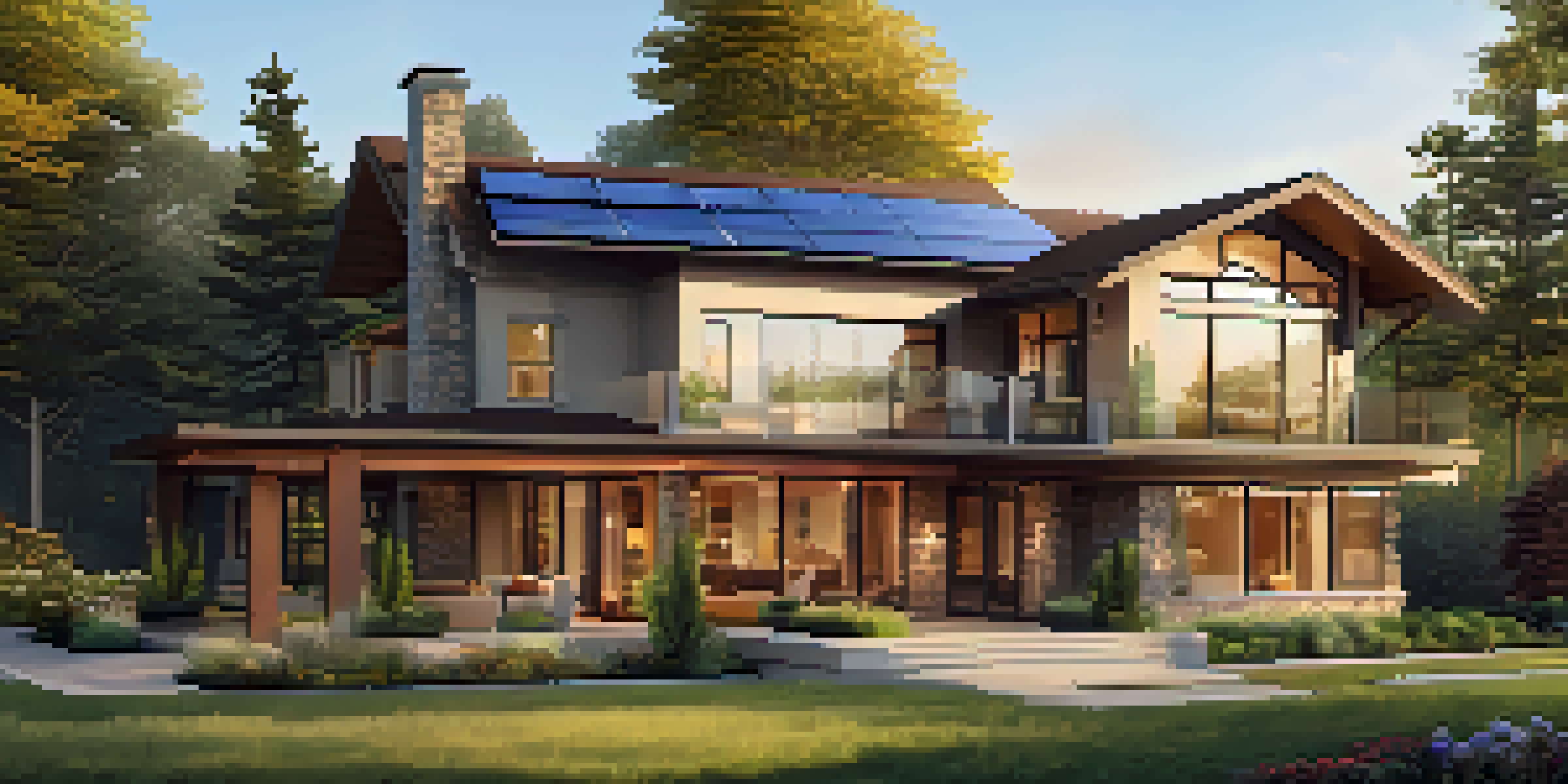 A modern luxury home with large windows and solar panels, surrounded by greenery, illuminated by golden sunlight.