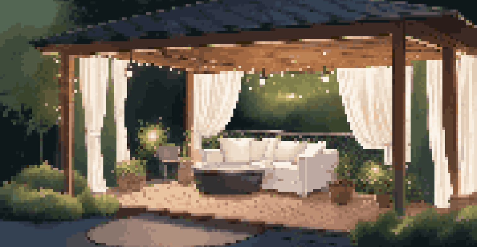 A tranquil backyard with sheer white curtains around a hot tub, lounge chairs, and fairy lights, creating a serene evening atmosphere.