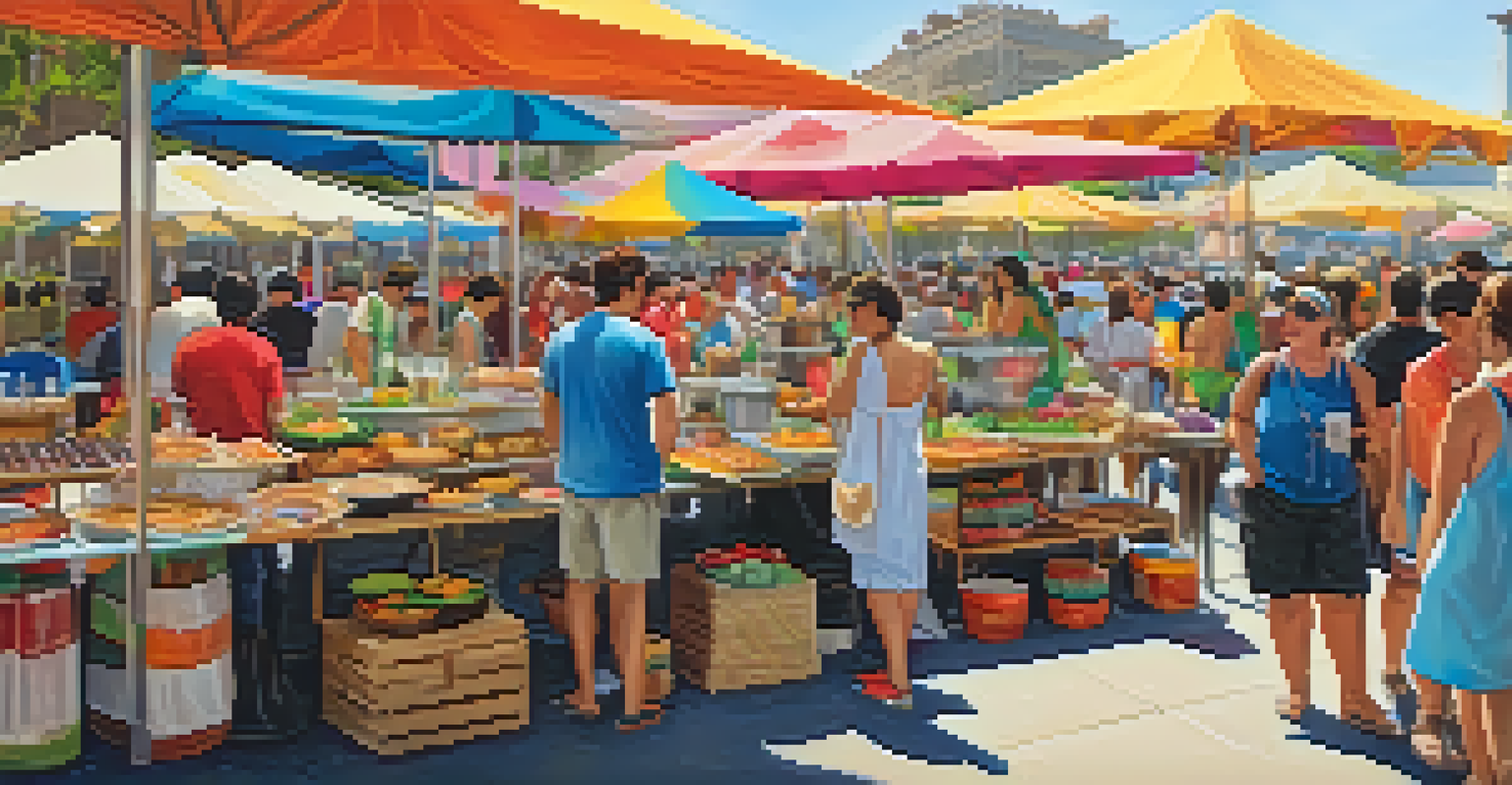 An outdoor festival with food stalls and people enjoying artistic culinary creations inspired by vibrant artworks.
