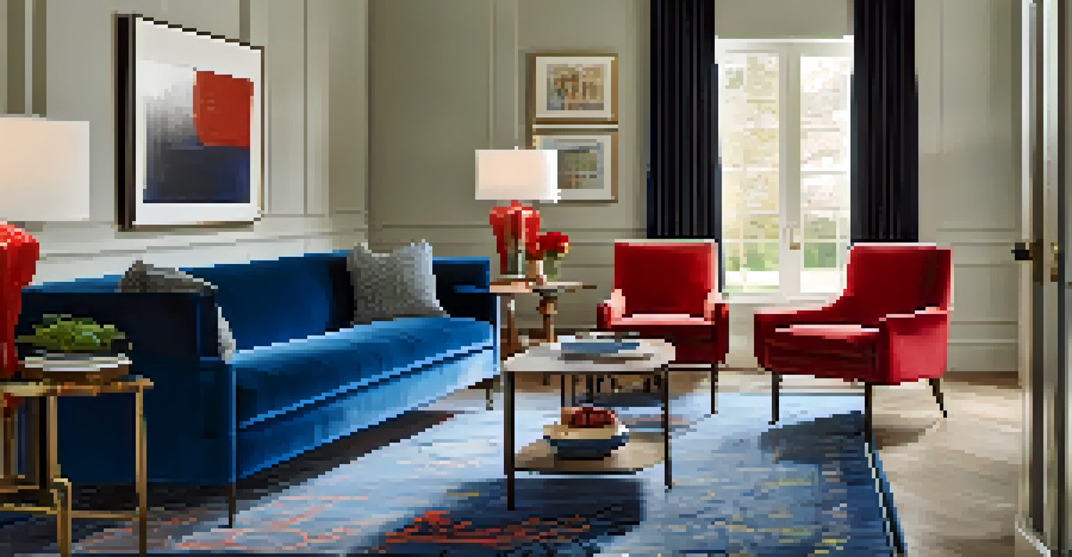 A vibrant living room with a blue velvet sofa and a red accent chair, illuminated by a stylish floor lamp.
