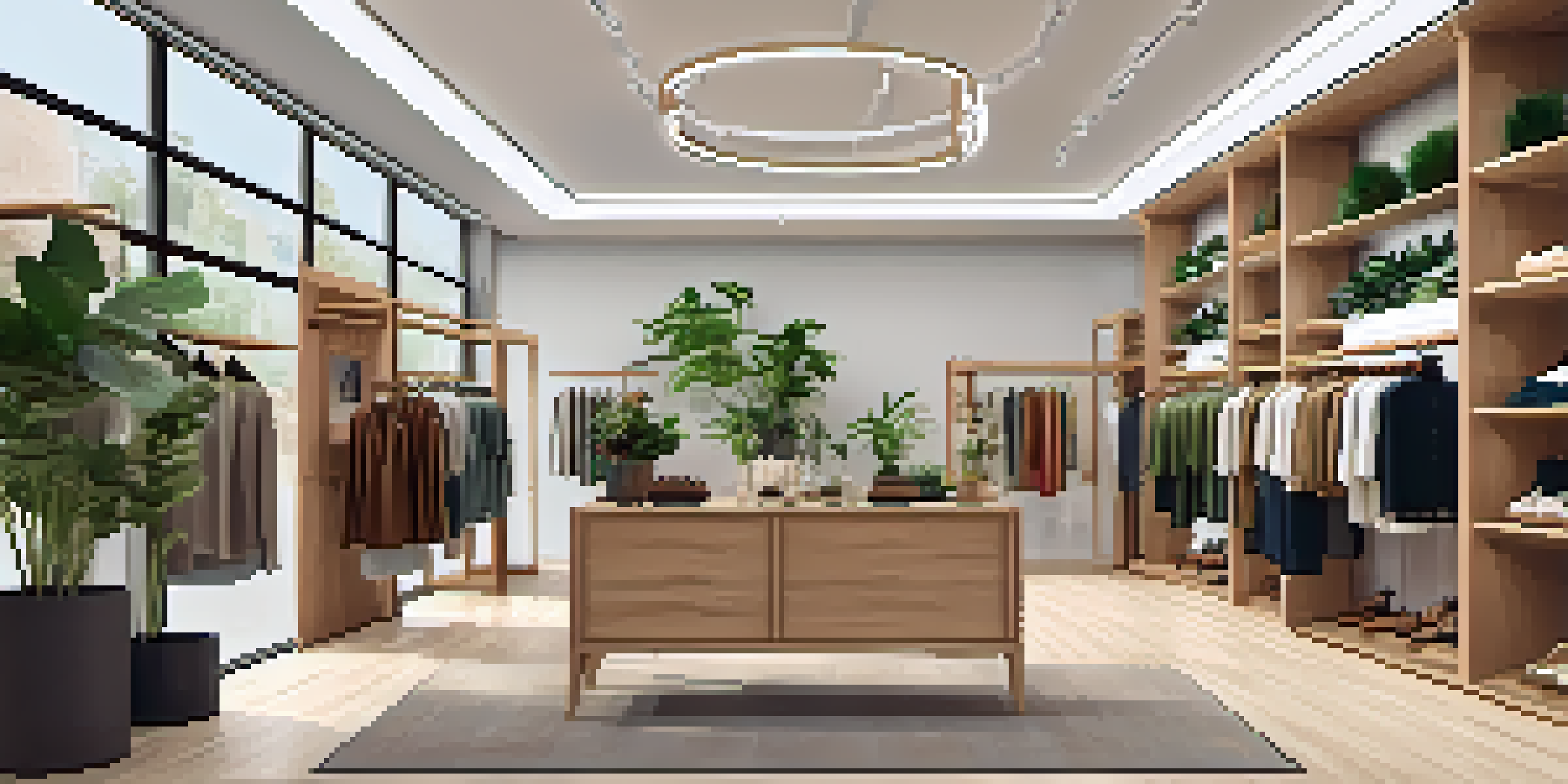 An eco-friendly luxury fashion rental showroom filled with sustainable garments and customers browsing the collection.