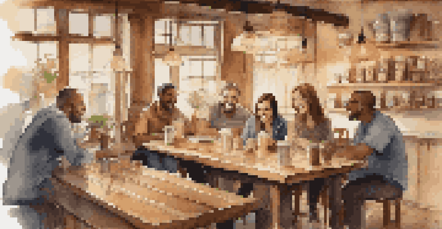 Inside a cozy coffee shop, a diverse group of friends sitting around a wooden table, sharing drinks and stories in a warm ambiance.