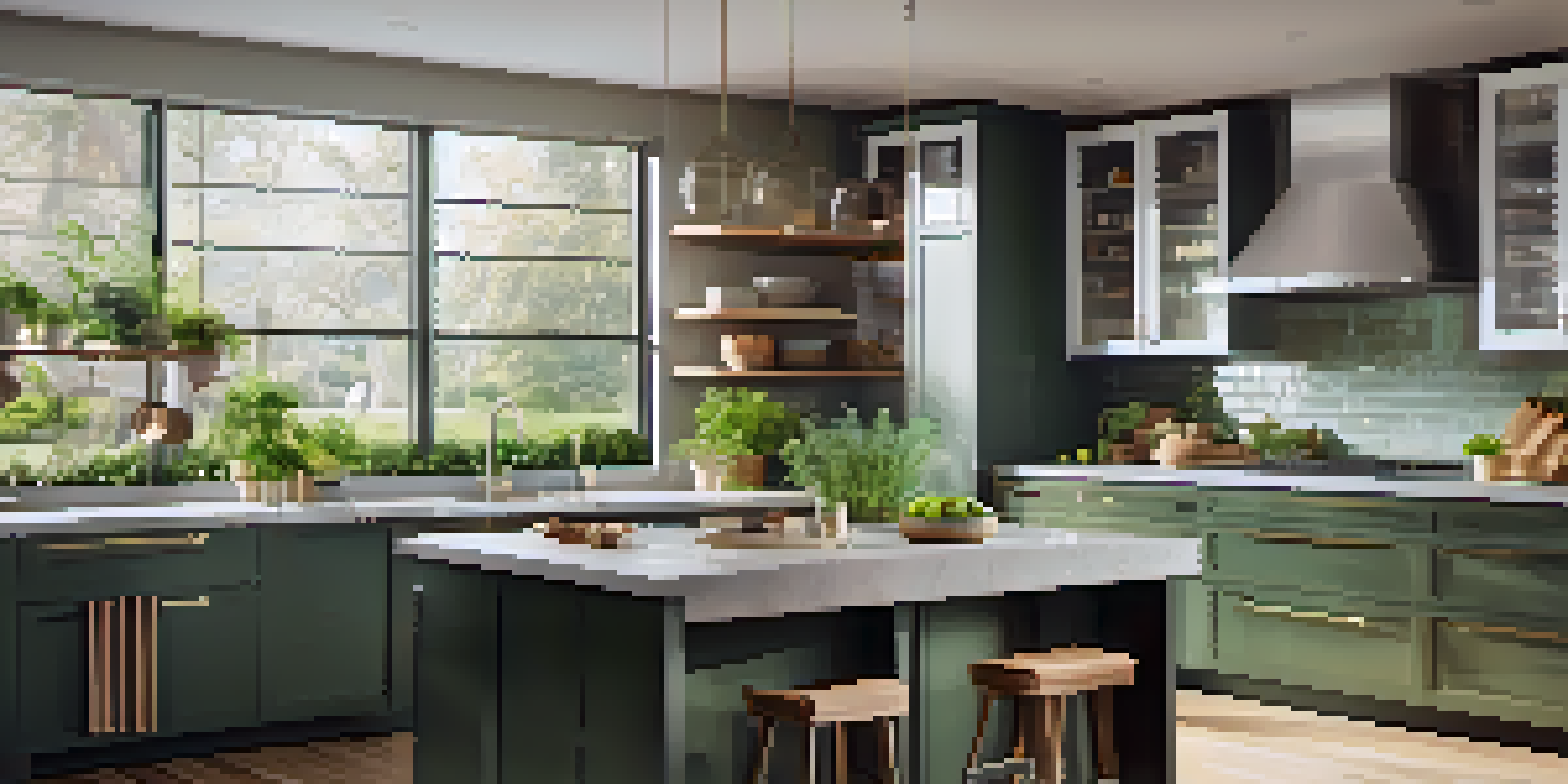 A luxurious kitchen showcasing energy-efficient appliances and recycled glass countertops, with natural light and potted herbs, in a soft white and earthy green color scheme.