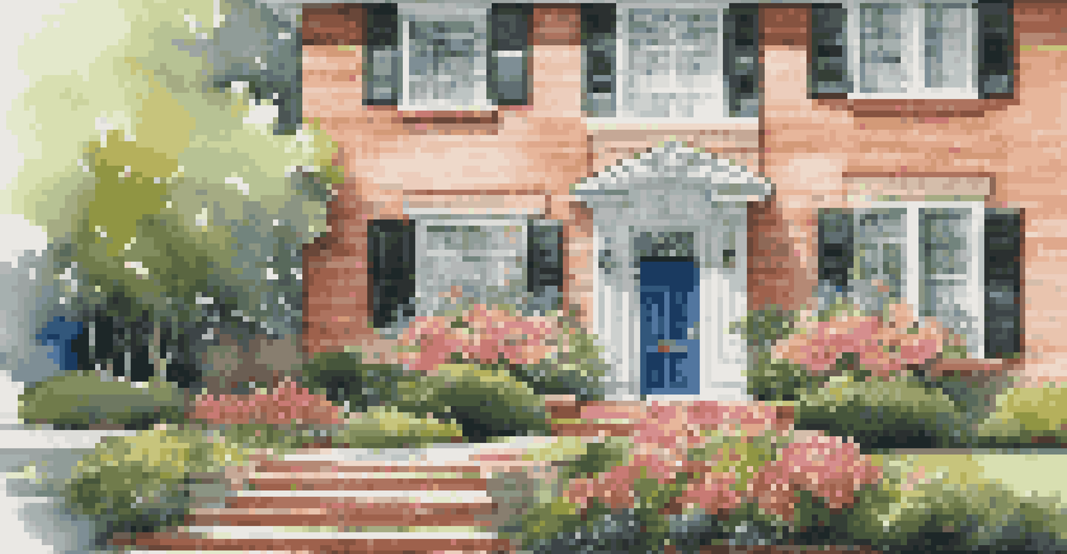 A close-up of a luxury home facade with exquisite brickwork and a freshly painted front door, surrounded by a blooming garden.