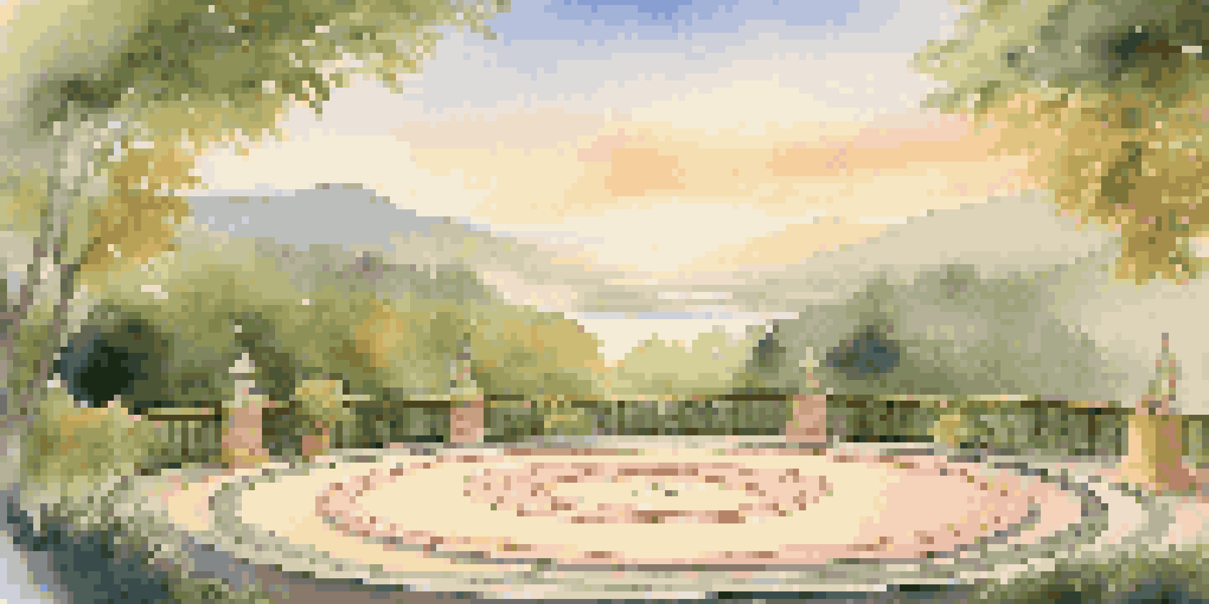 A peaceful outdoor yoga area at a wellness retreat, surrounded by green trees and mountains, with yoga mats arranged in a circle under a sunrise.