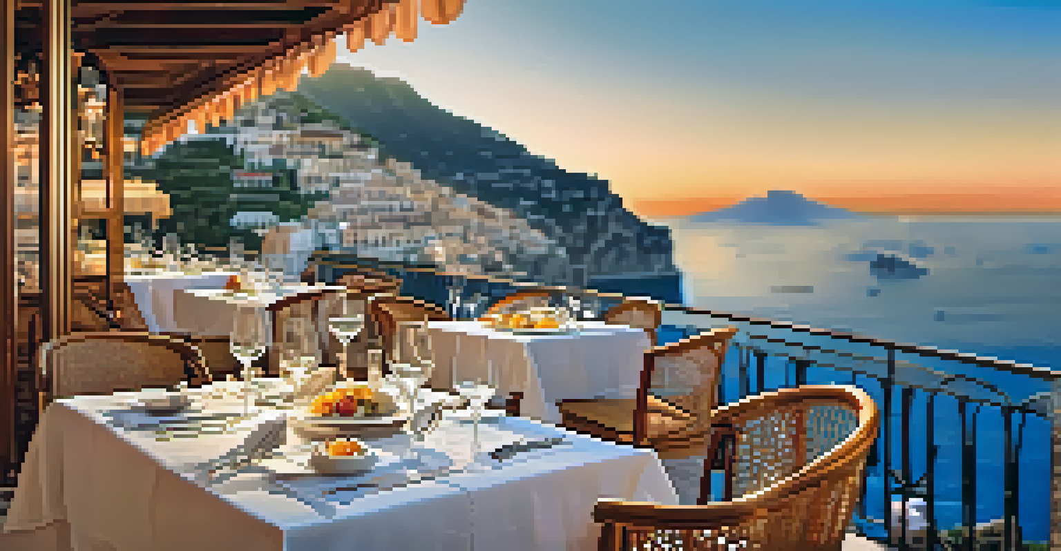 An elegant dining table at a restaurant with gourmet food and a beautiful sunset view of the Mediterranean Sea.