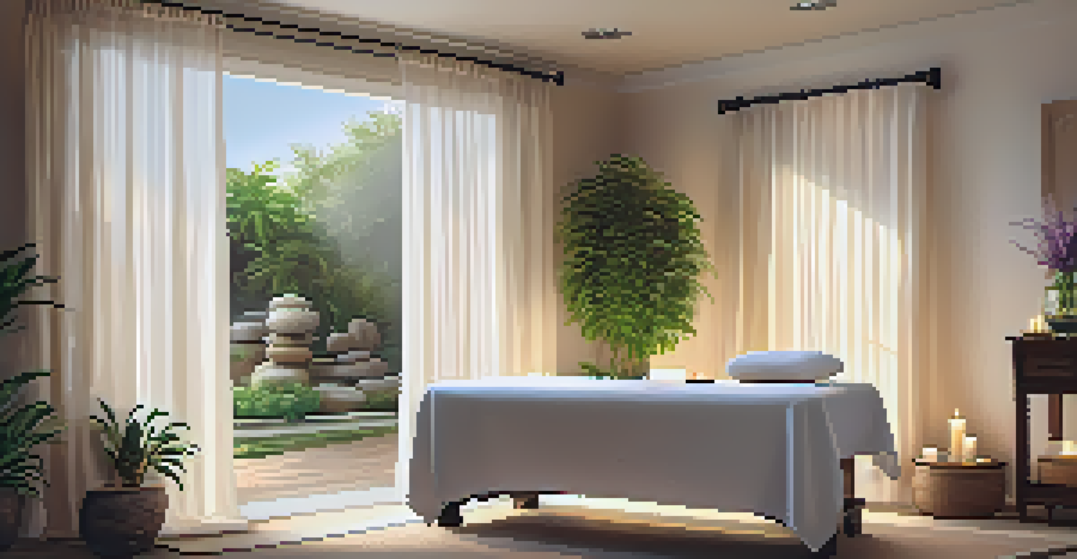 A calming spa room with a massage table, candles, and plants, illuminated by soft light.