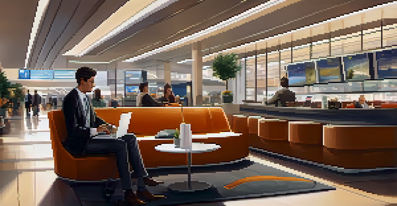 A traveler enjoying coffee in a serene airport lounge, reviewing travel plans on a laptop amidst plush seating and soft lighting.