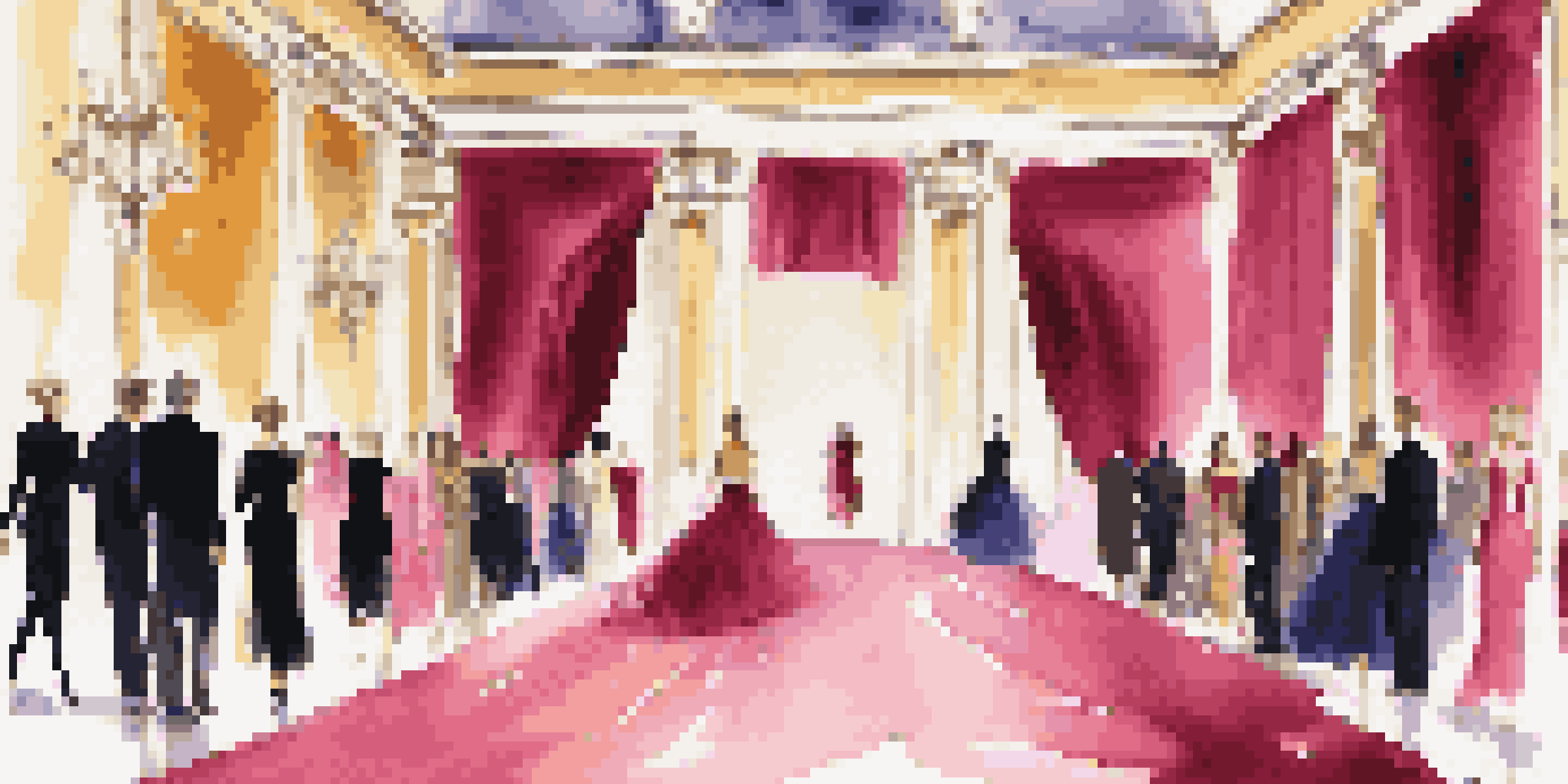 A lavish fashion show with models walking the runway in elegant outfits, surrounded by an excited audience and ornate decorations.
