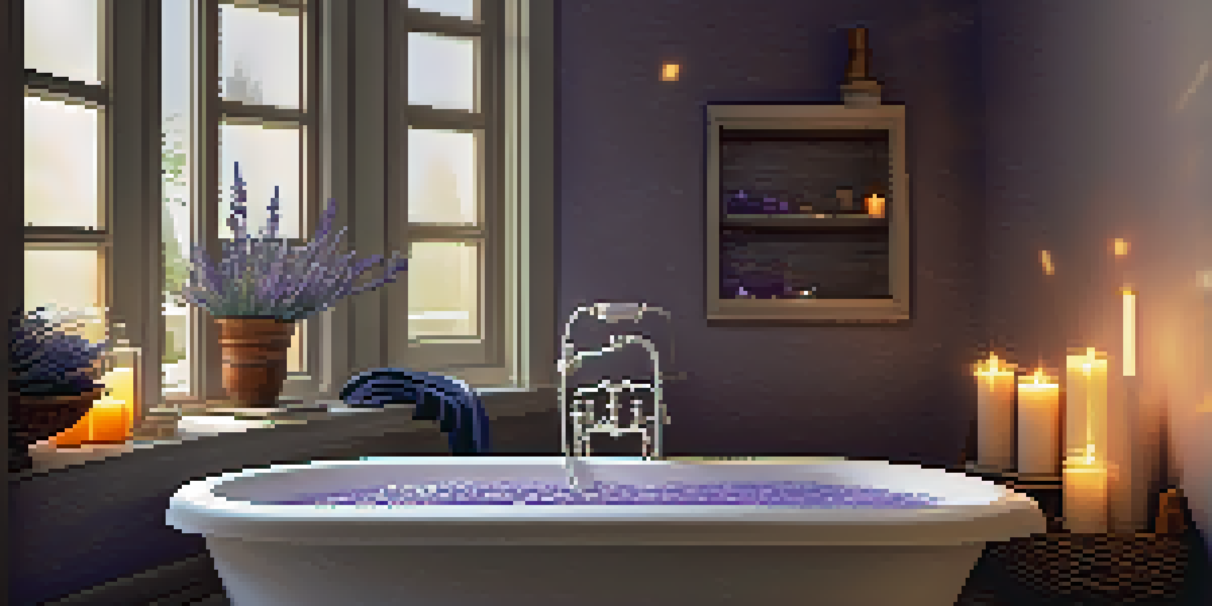 A peaceful bathroom with a warm bathtub, candles, lavender, and citrus slices, creating a relaxing atmosphere.