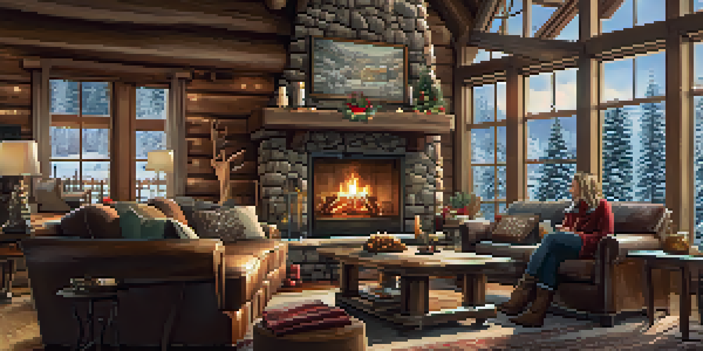 A family sitting together by a fireplace in a ski lodge, enjoying hot cocoa and a snowy view outside.