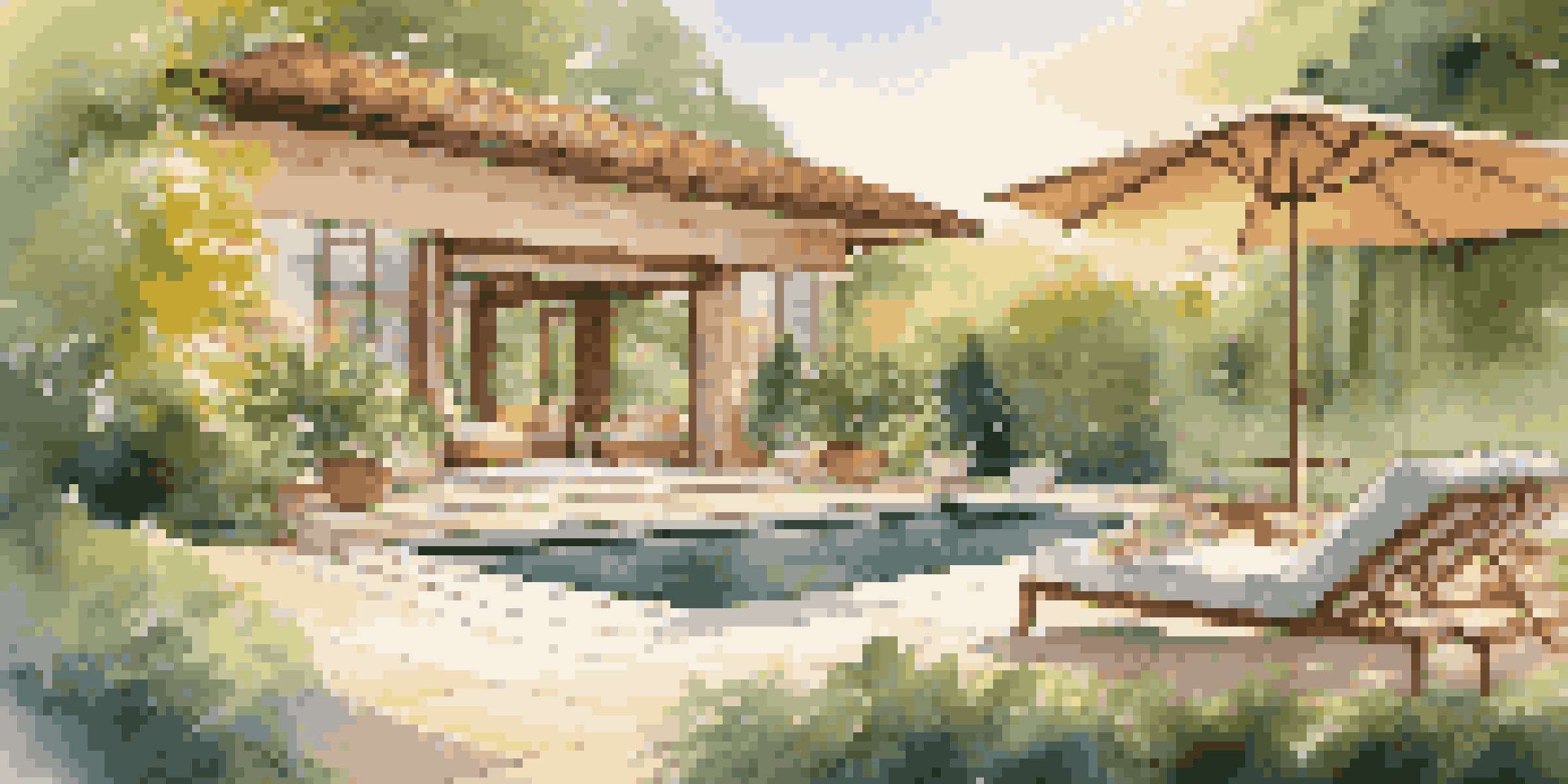 A luxurious wellness retreat in a green forest with lounge chairs and a fountain, illuminated by warm golden sunlight.