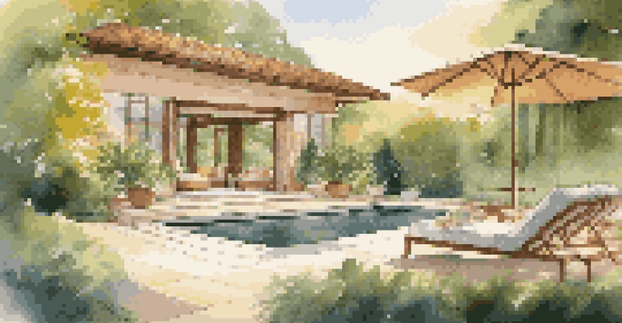 A luxurious wellness retreat in a green forest with lounge chairs and a fountain, illuminated by warm golden sunlight.