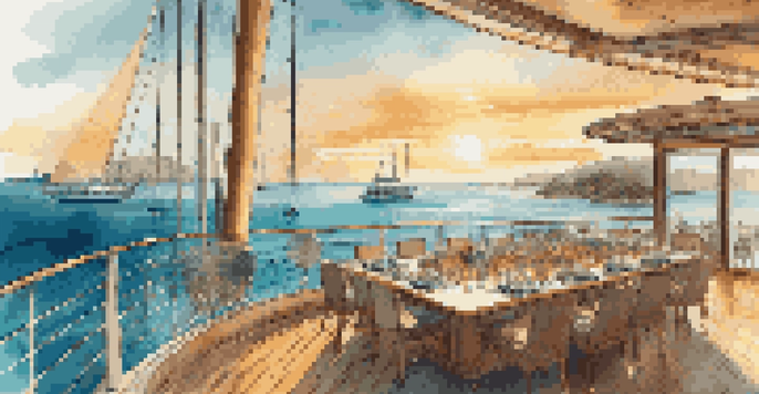 An eco-friendly yacht sailing in clear turquoise waters, showcasing solar panels, with a sunset background and a gourmet meal on deck.