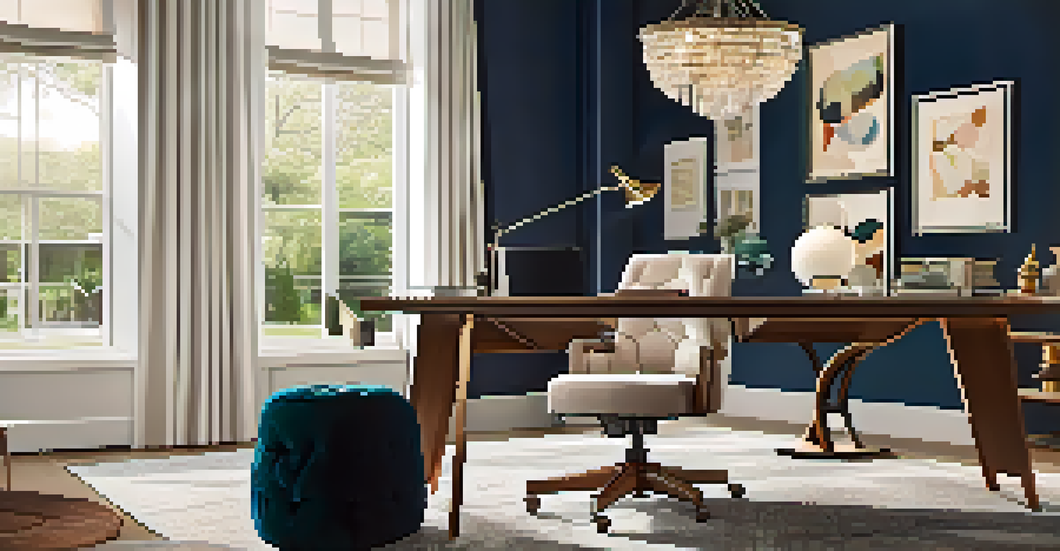 A cozy home office corner with a statement chandelier, designer desk lamp, ergonomic chair, and soft textiles, creating a warm and inviting atmosphere.