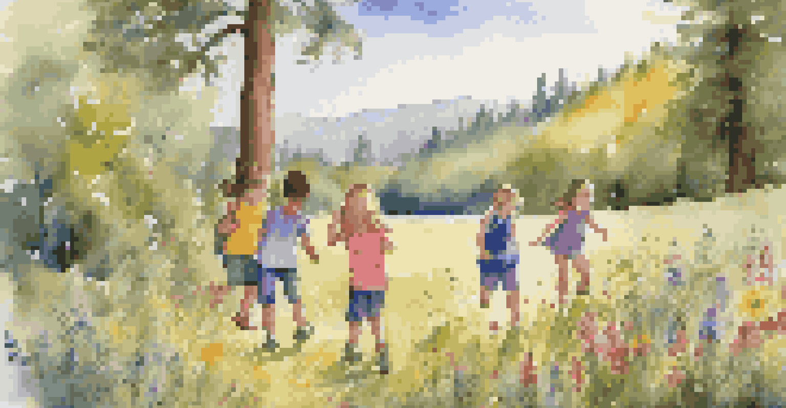 Children participating in a scavenger hunt among vibrant wildflowers and a forest, displaying excitement and curiosity.