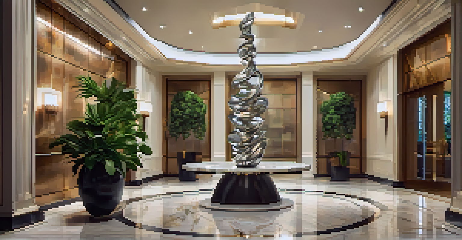A grand foyer with a contemporary metal sculpture and polished marble flooring, complemented by warm lighting.