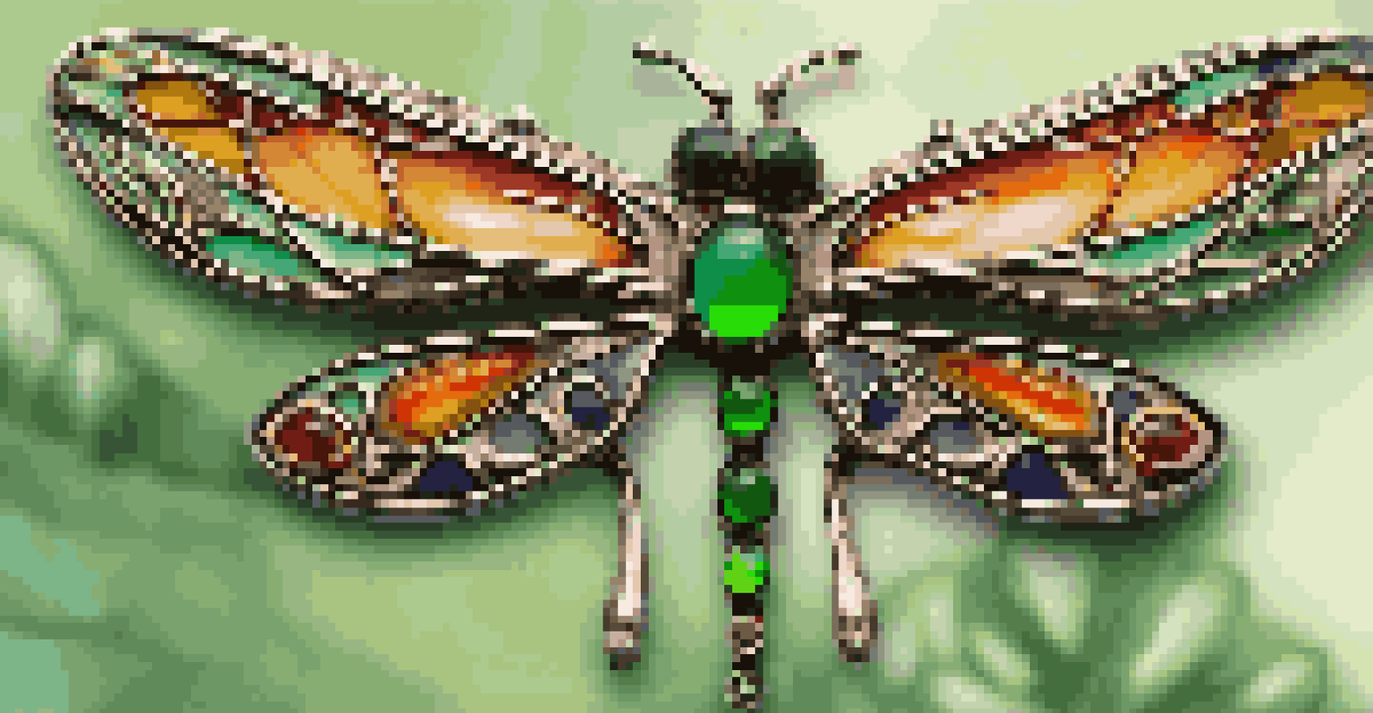 A colorful Art Nouveau dragonfly brooch with flowing lines and enamel colors against a green background.