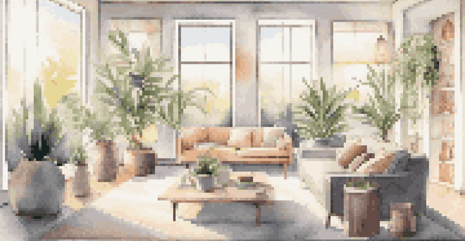 A modern living room with stylish diffusers and candles on a coffee table, bathed in natural light with a cozy atmosphere.