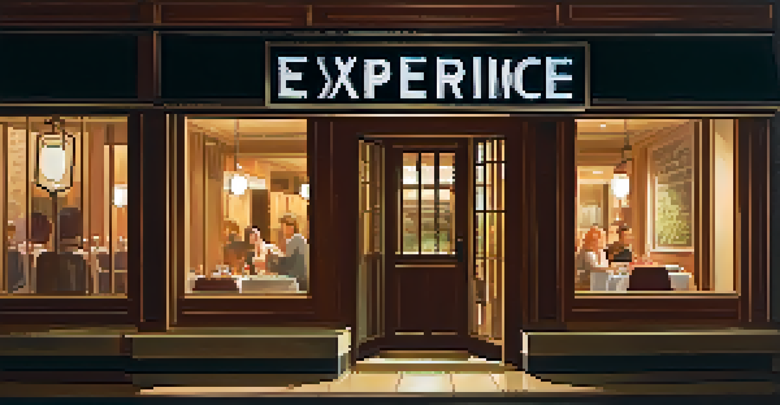 The entrance to a Dining in the Dark restaurant, featuring a welcoming sign and a visually impaired staff member greeting guests.