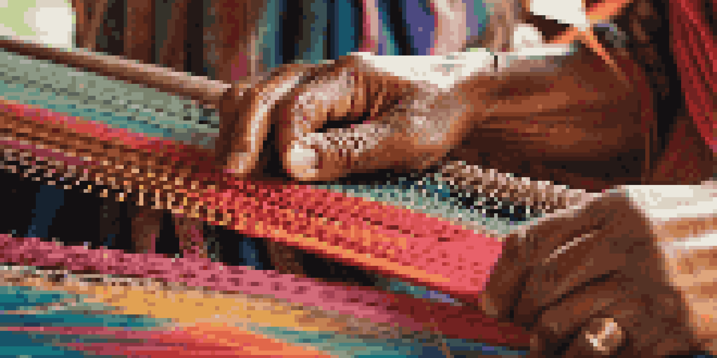 An artisan weaving a colorful textile on a loom, showcasing intricate patterns and textures.
