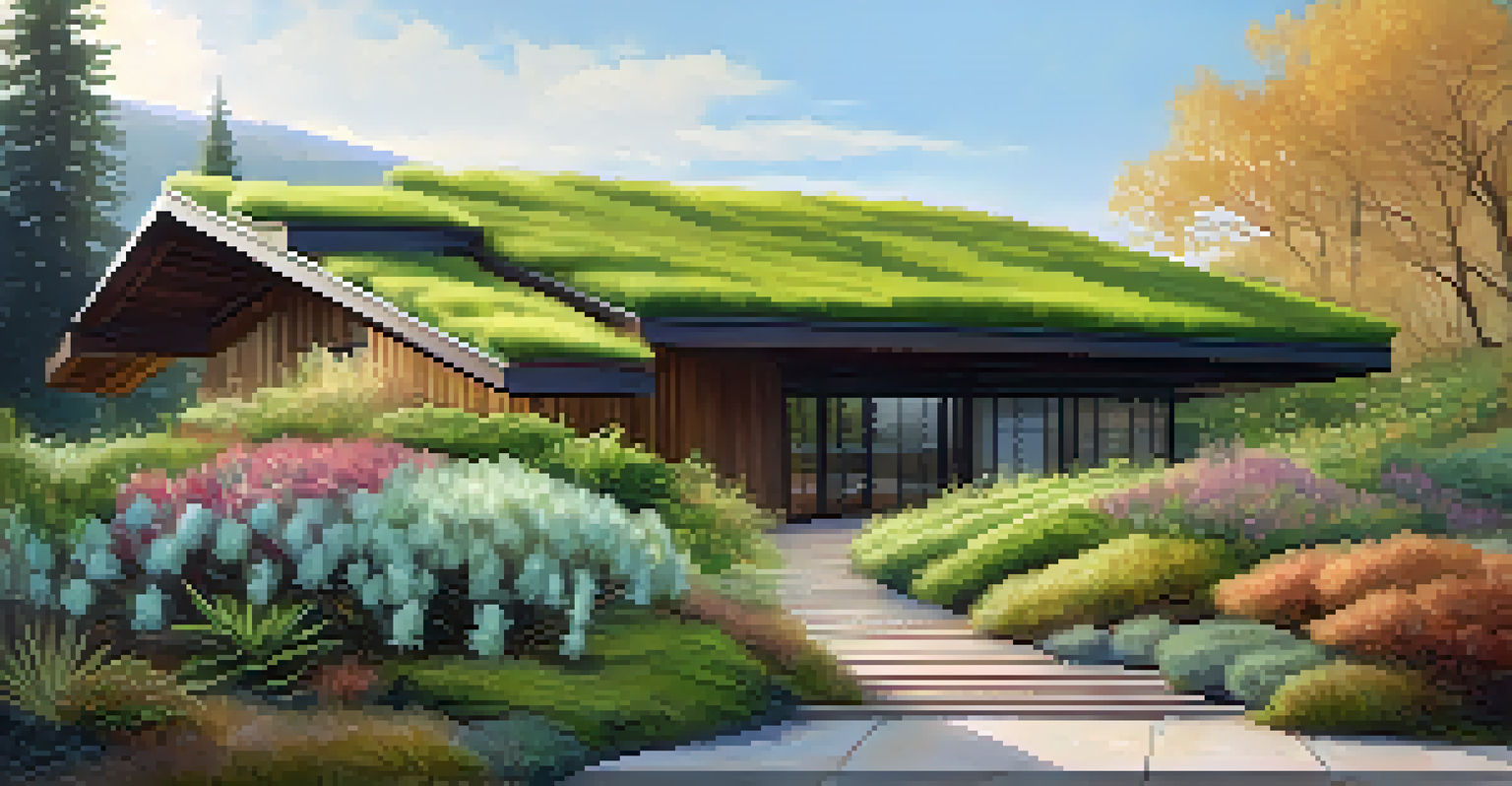 A serene extensive green roof with drought-resistant plants and a winding pathway, illuminated by soft sunlight.