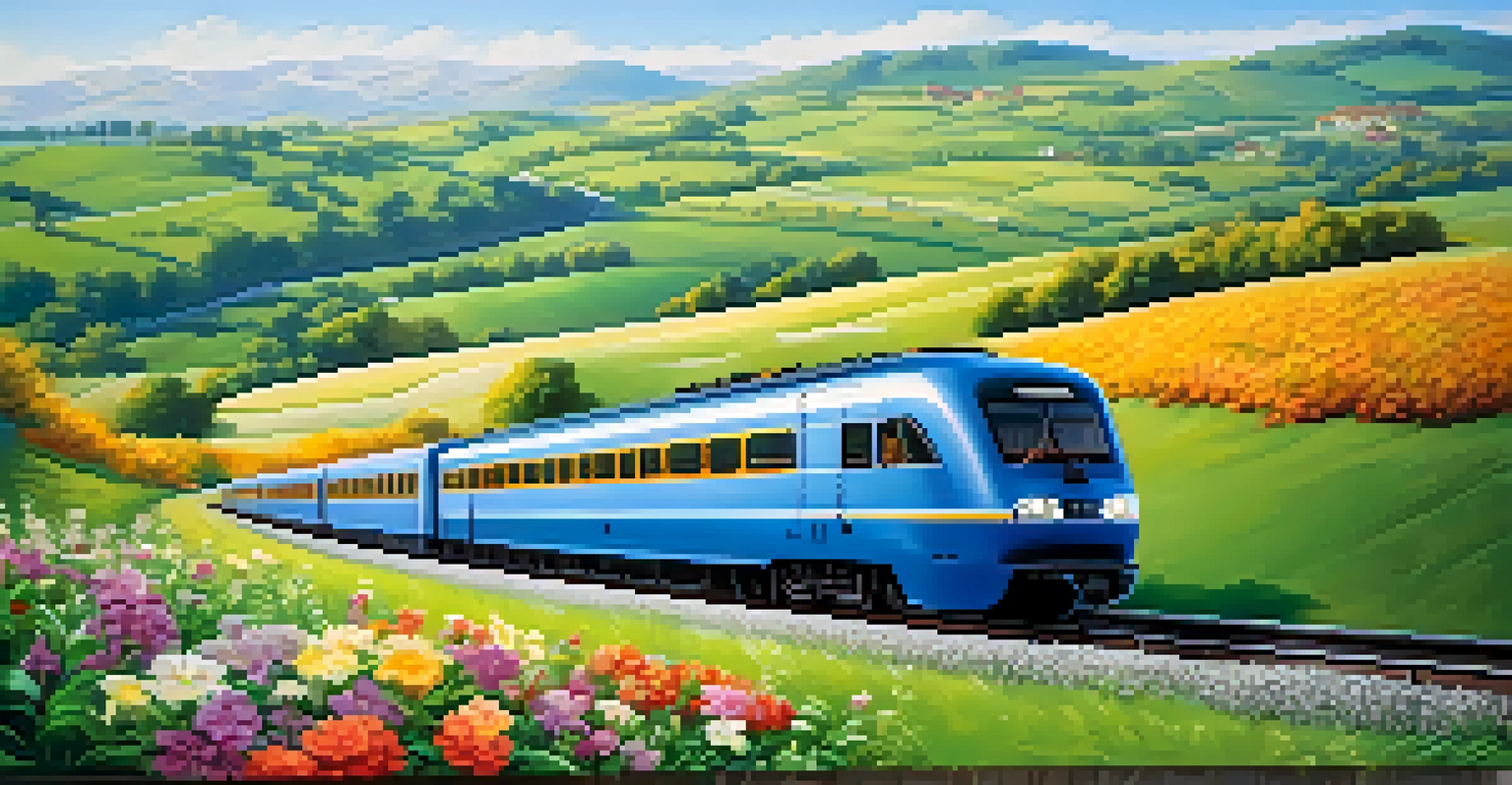 A beautiful train traveling through a colorful countryside, surrounded by flowers and hills under a blue sky.