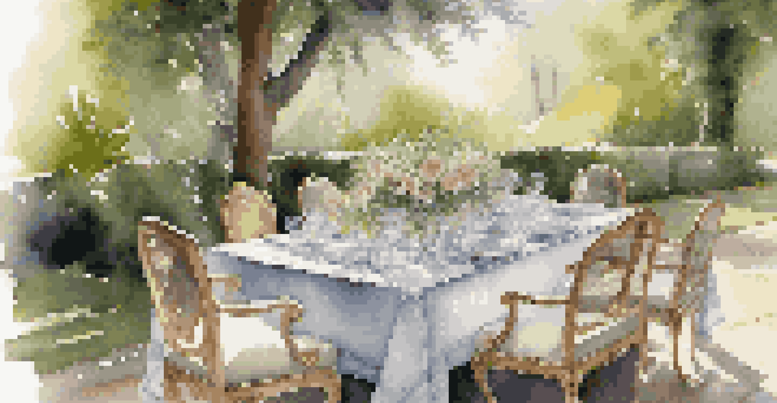 An elegantly set outdoor dining table with fine china and crystal glassware among greenery.