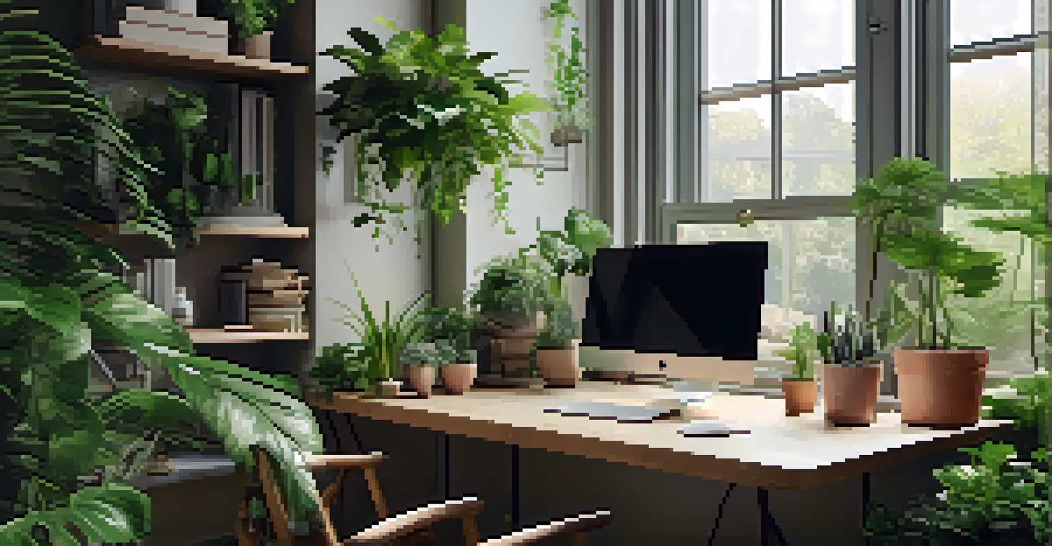 A serene workspace with lush green plants and an indoor garden.