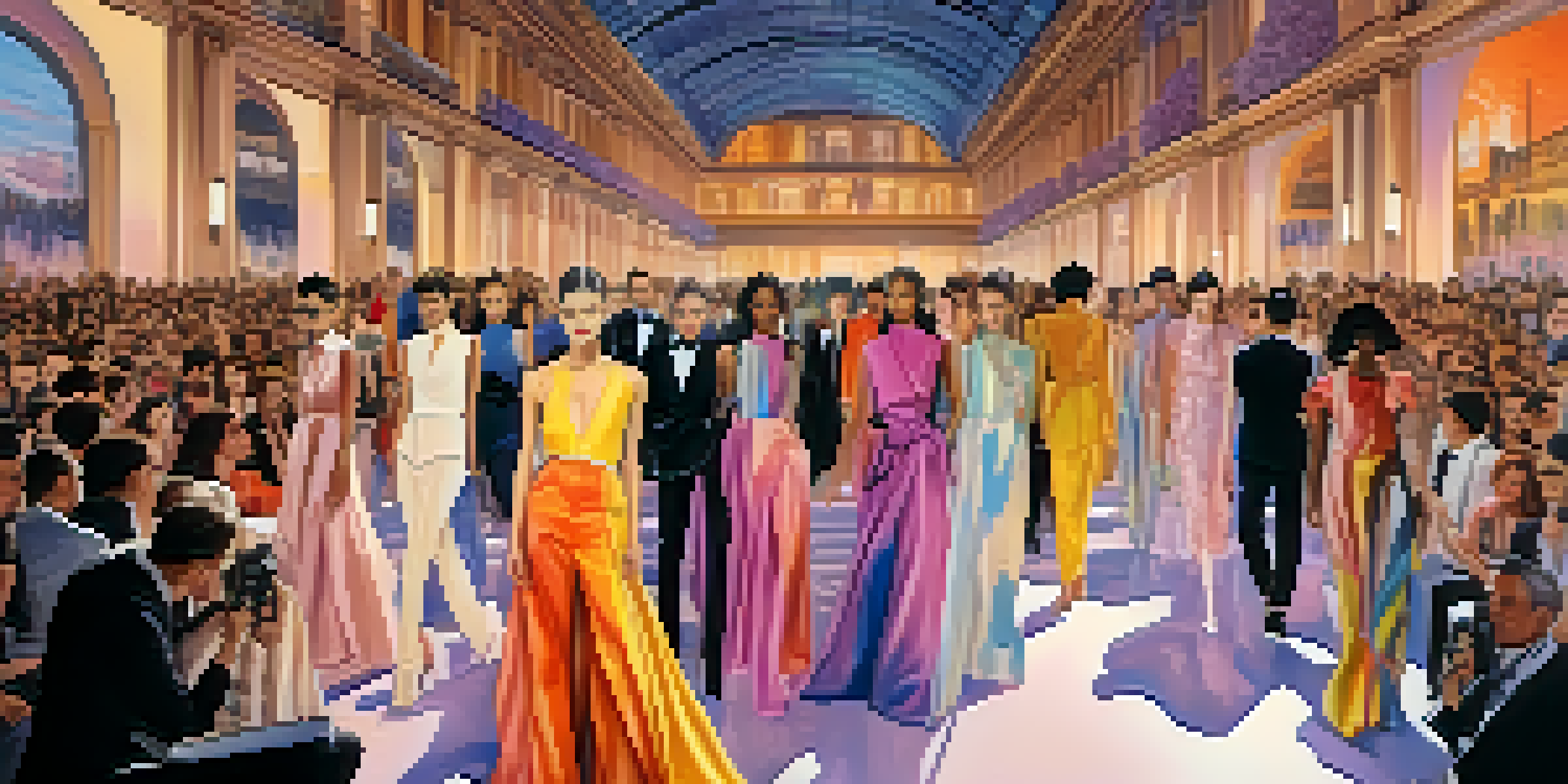 A fashion runway in Paris with diverse models wearing avant-garde outfits, colorful lights, and an audience of fashion enthusiasts.