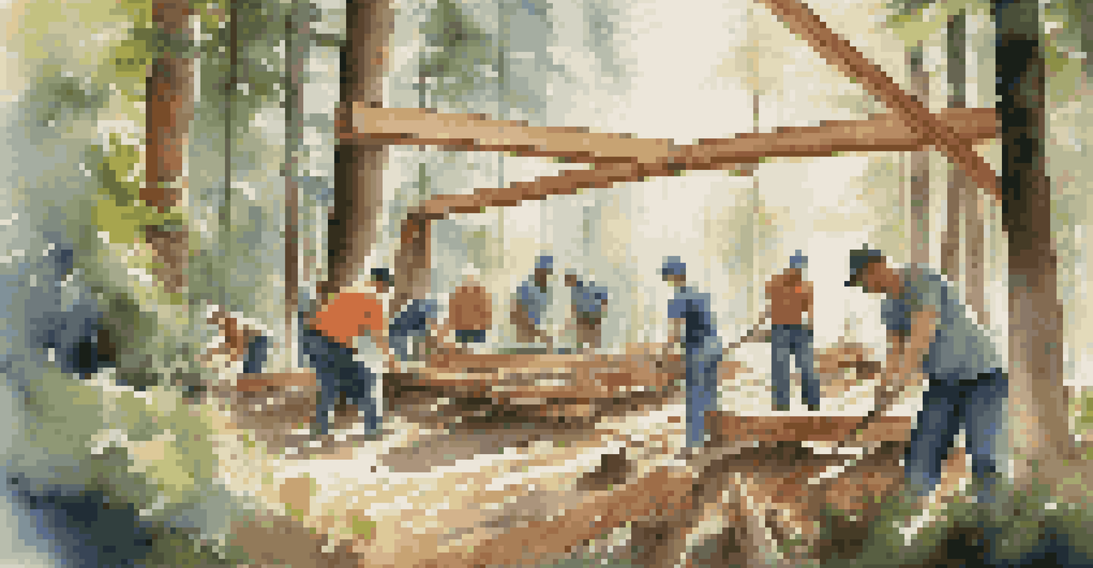 Volunteers building a wooden structure in a forest while luxury camping, with sunlight filtering through the trees, showcasing teamwork.