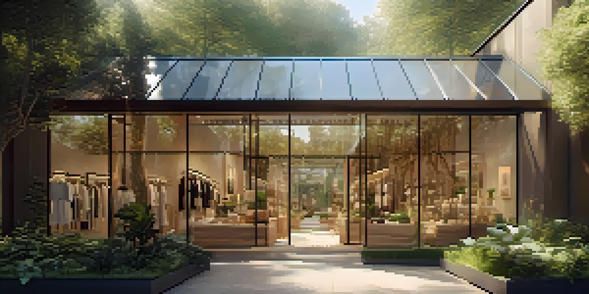 A sustainable luxury fashion store set in a green landscape, highlighting eco-friendly design and natural materials.