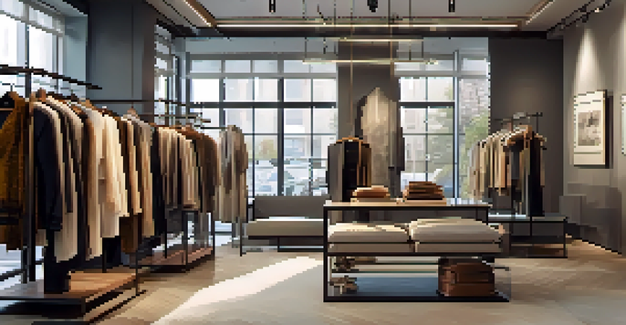 An elegant fashion boutique displaying sustainable clothing with soft lighting and rich textures.