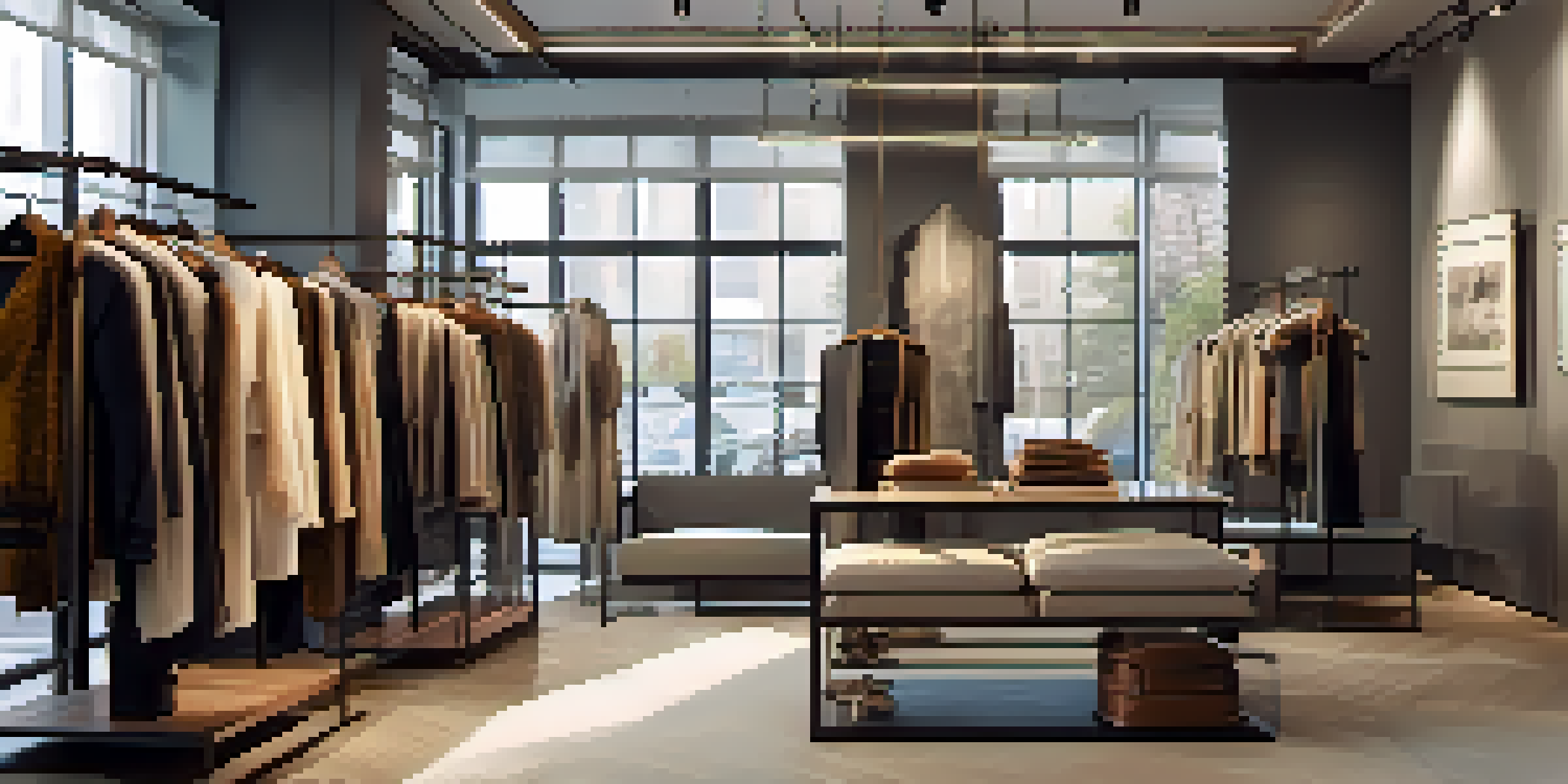 An elegant fashion boutique displaying sustainable clothing with soft lighting and rich textures.