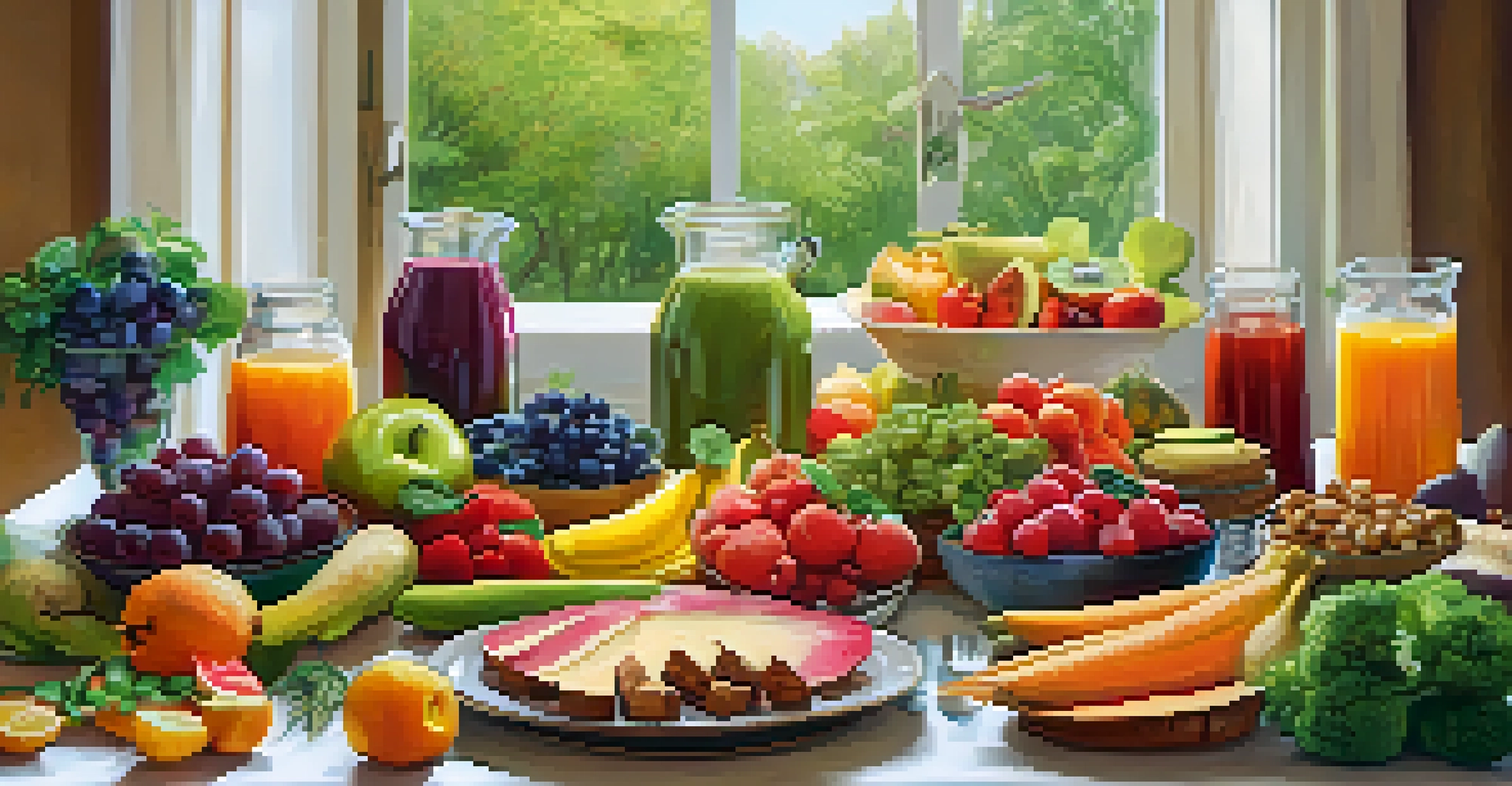 A table adorned with colorful fresh fruits, vegetables, and healthy juices, showcasing a colorful and inviting detox meal spread.