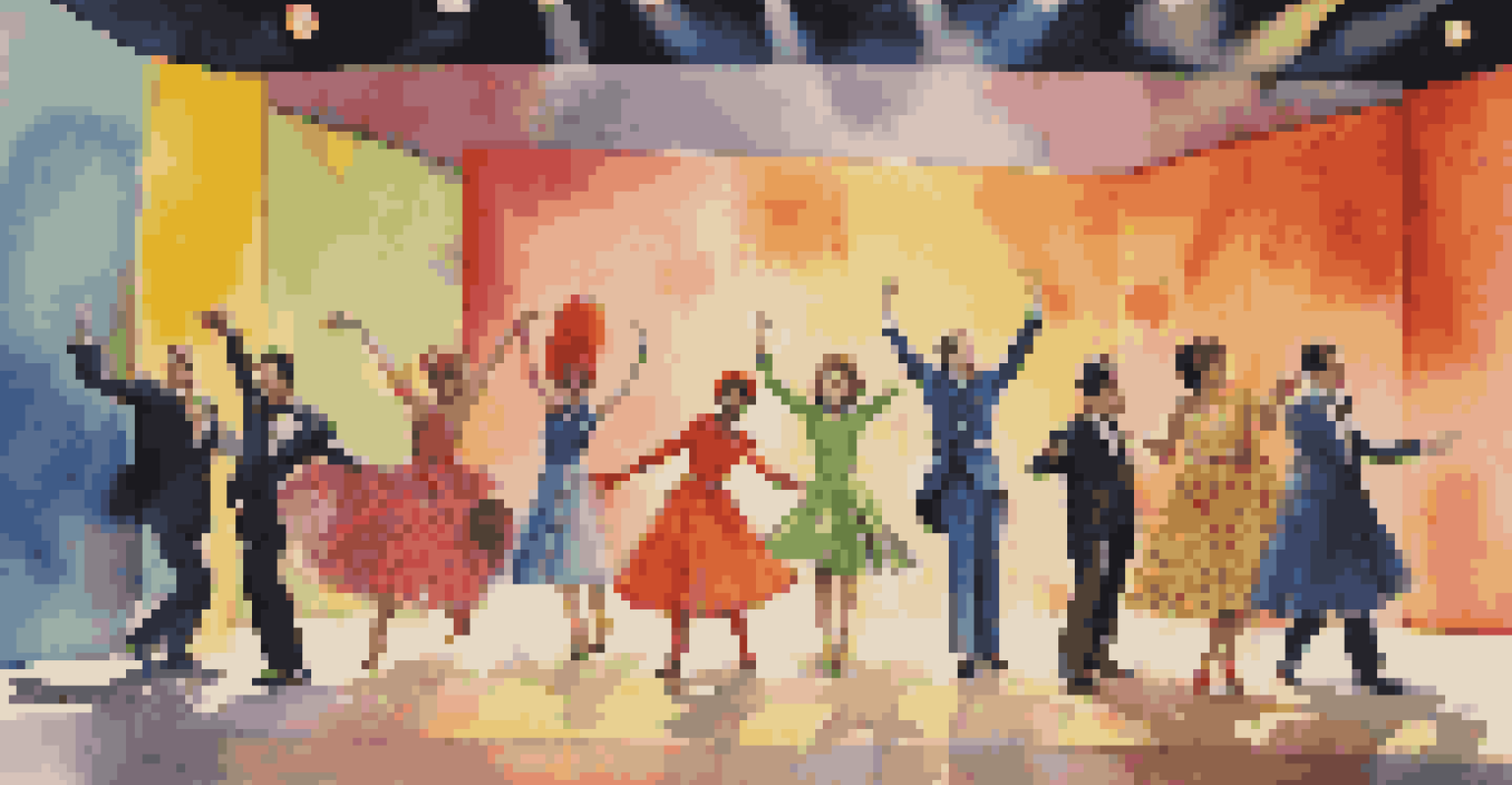 Actors in 1960s mod outfits on stage with colorful backdrops and bright lighting, showcasing their vibrant costumes and dynamic poses.