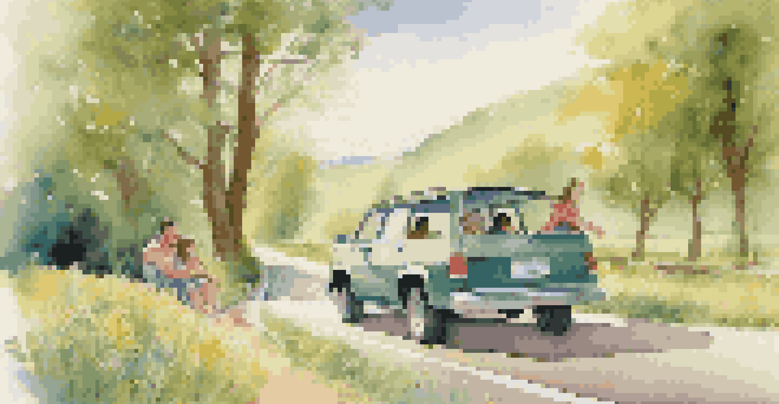 A family enjoying their road trip in a spacious vehicle on a picturesque country road.