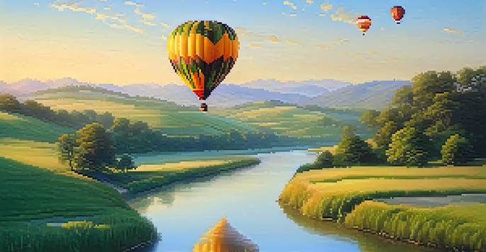 A colorful hot air balloon rising at sunrise over green hills and a river, bathed in golden light.