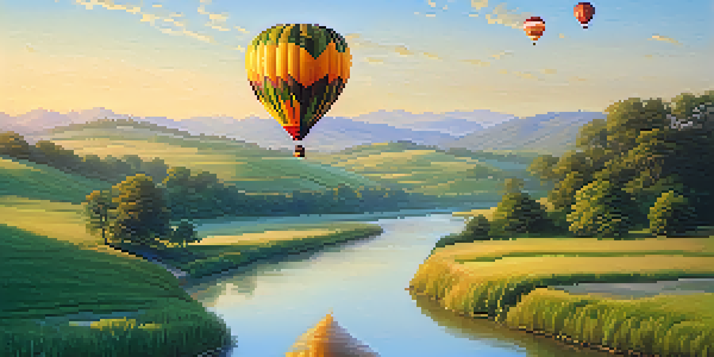 A colorful hot air balloon rising at sunrise over green hills and a river, bathed in golden light.