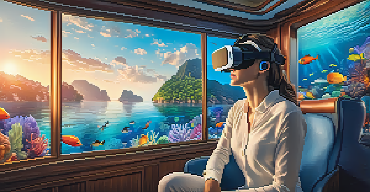 A traveler using a virtual reality headset on a luxury cruise, surrounded by a colorful underwater scene.