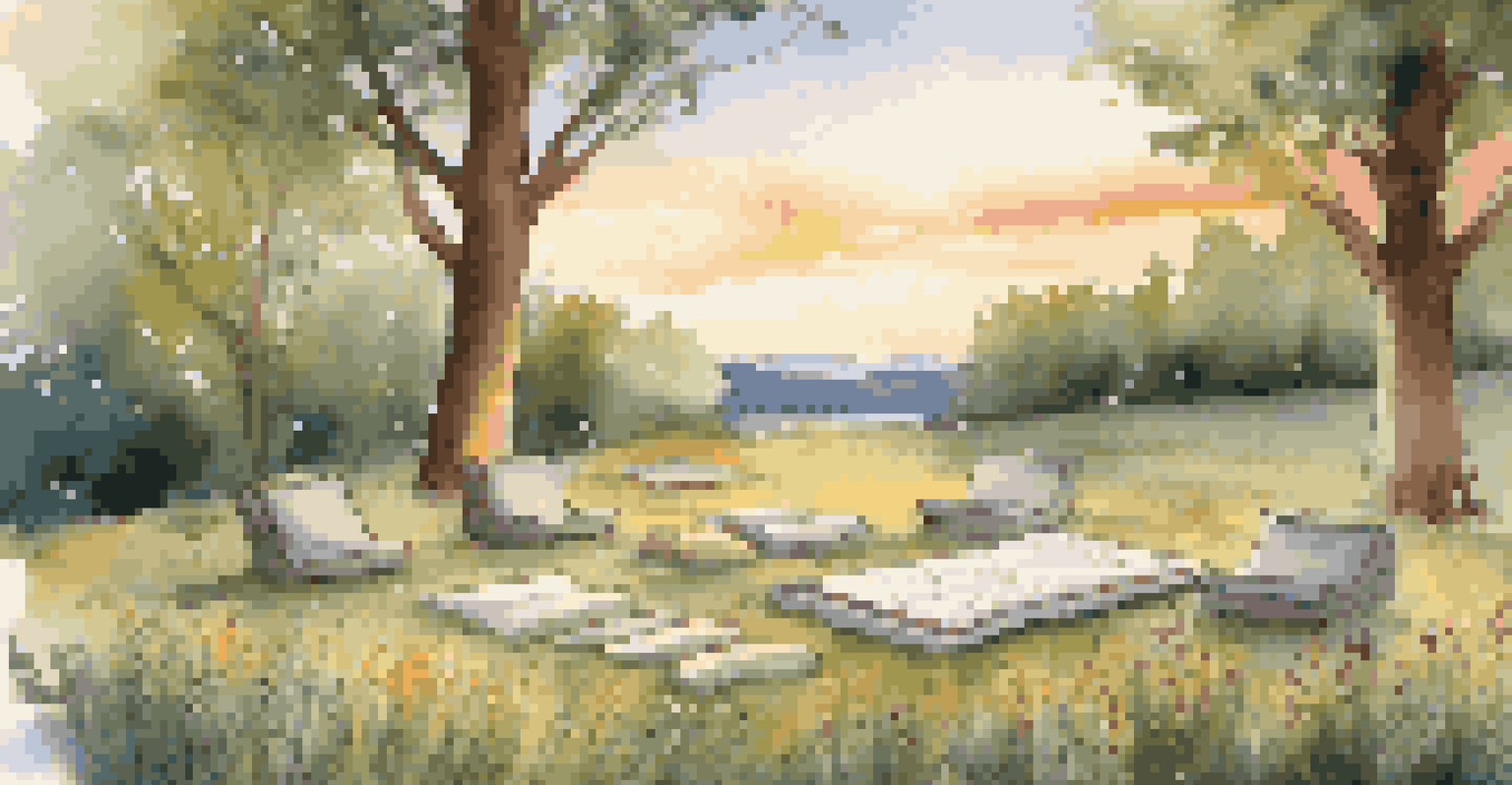 An outdoor mindfulness space with meditation cushions and blankets on grass, surrounded by wildflowers and trees under a sunset sky.