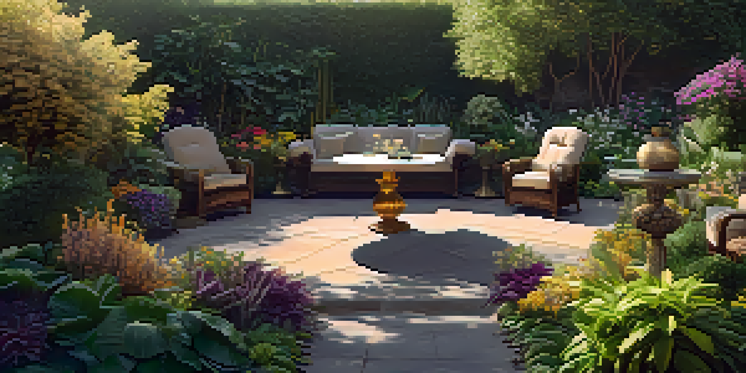 A vibrant luxury garden with diverse plants and rich soil, illuminated by golden sunlight, showcasing organic matter and elegant garden furniture.