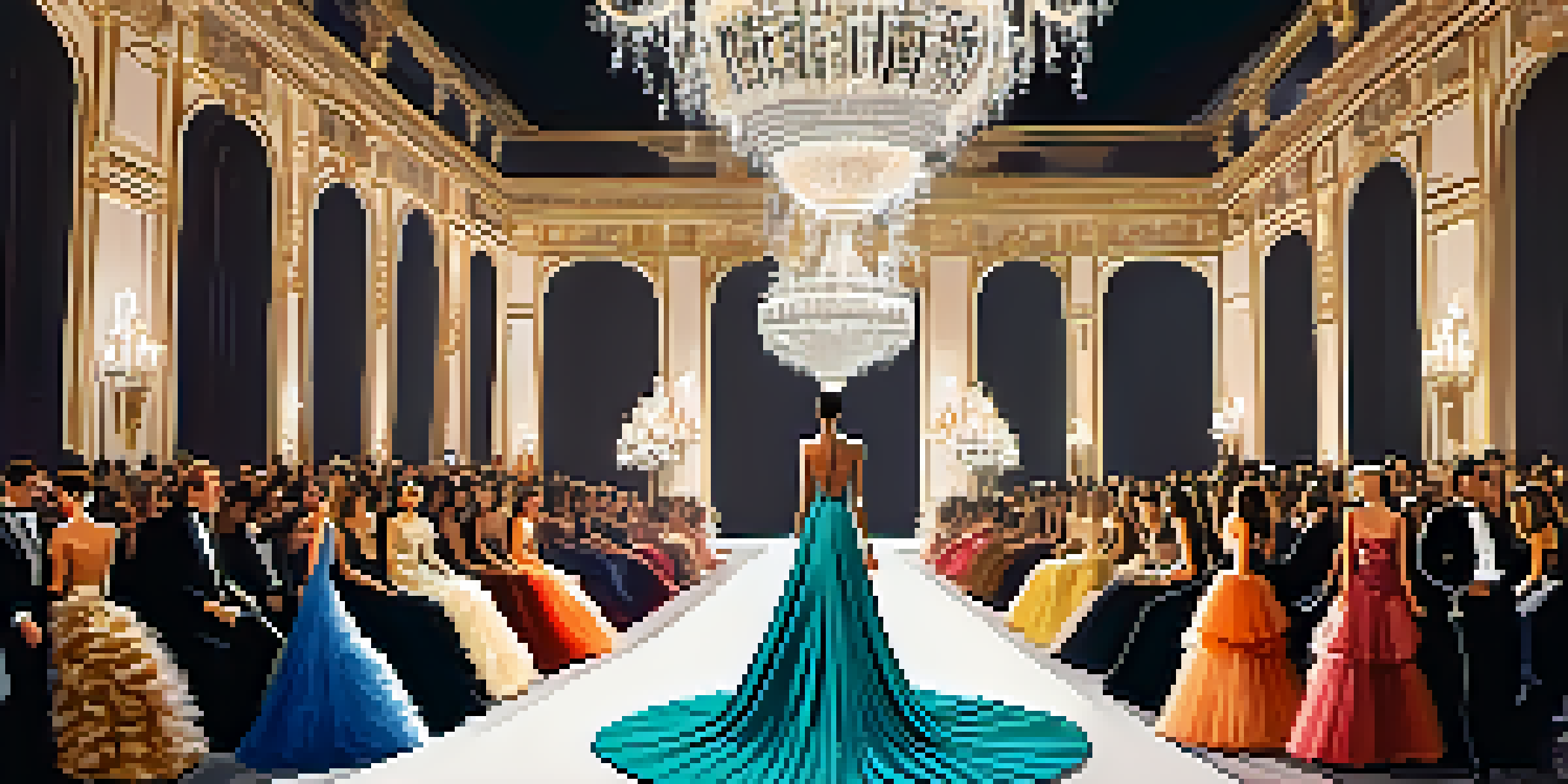 A fashion show featuring models on a glossy runway in an elegant venue with chandeliers, showcasing vibrant haute couture garments.