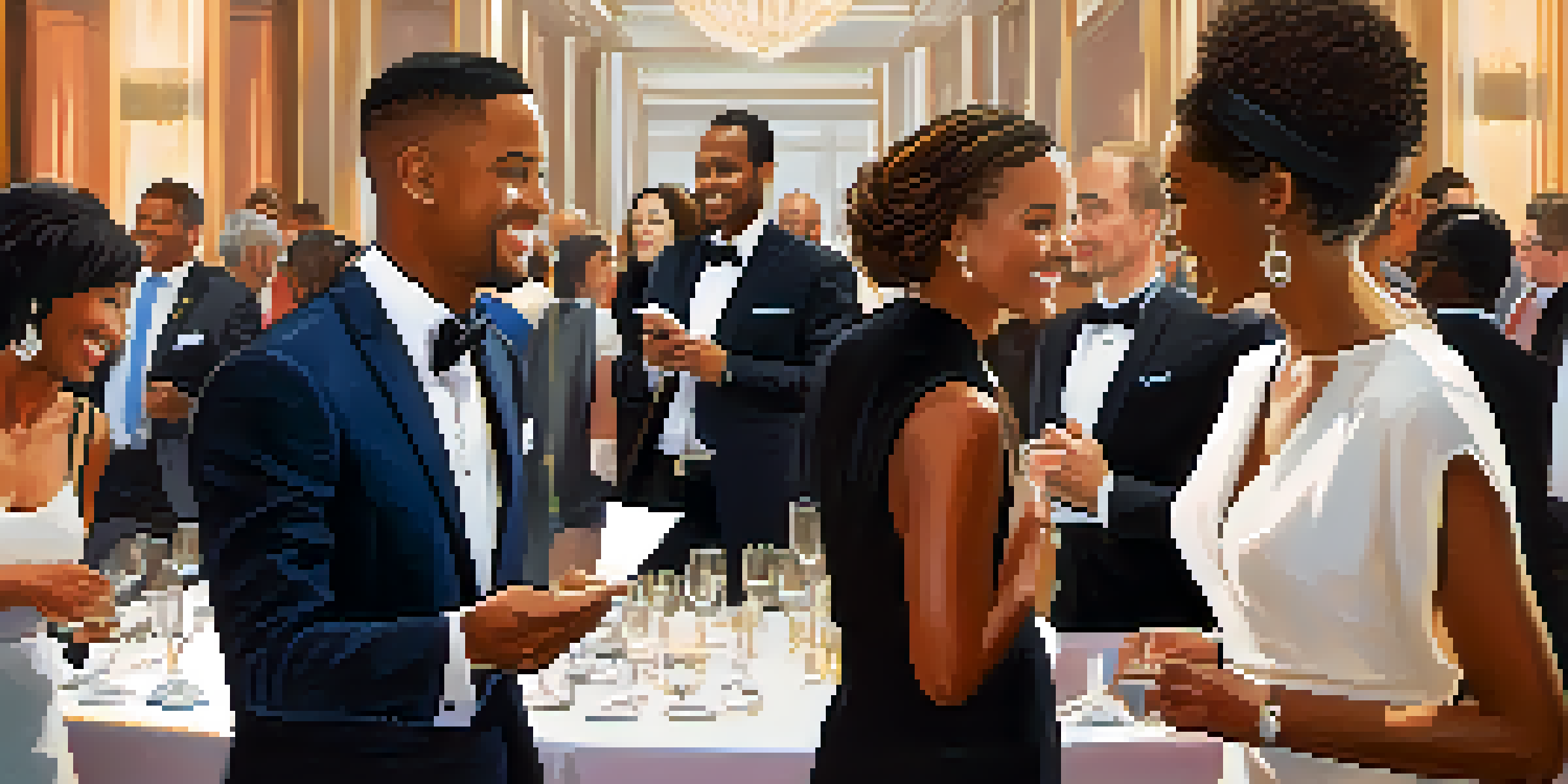 A lively networking event with professionals in formal attire engaging in conversation, soft ambient lighting, and a speaker on stage.