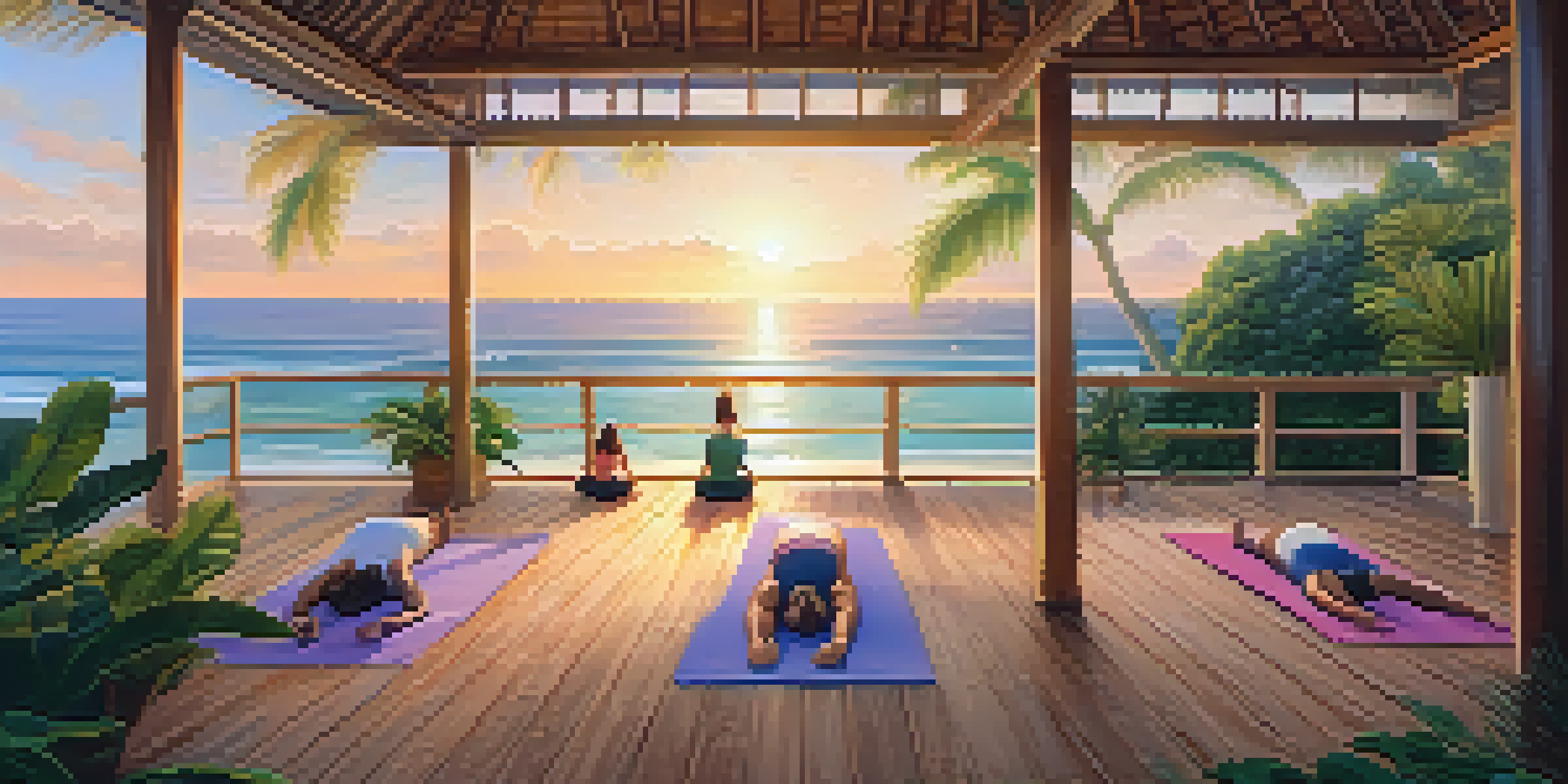 A group of people practicing yoga on a wooden deck by the beach during dawn, with a colorful sky and ocean waves.